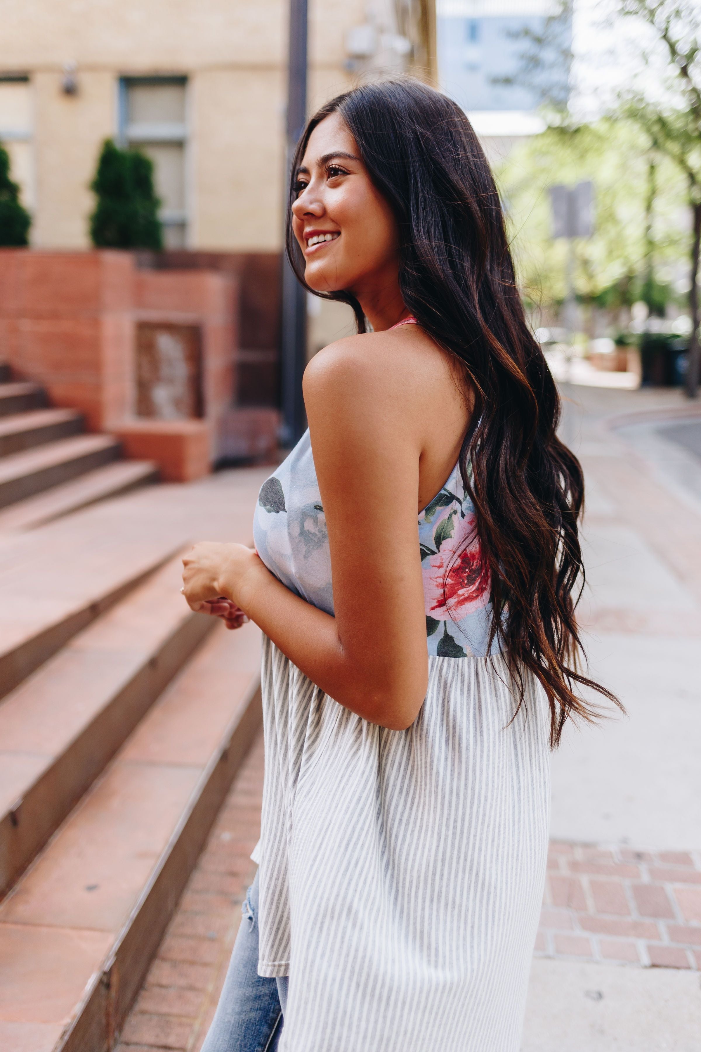 Babydoll Floral and Stripe Halter In Mint