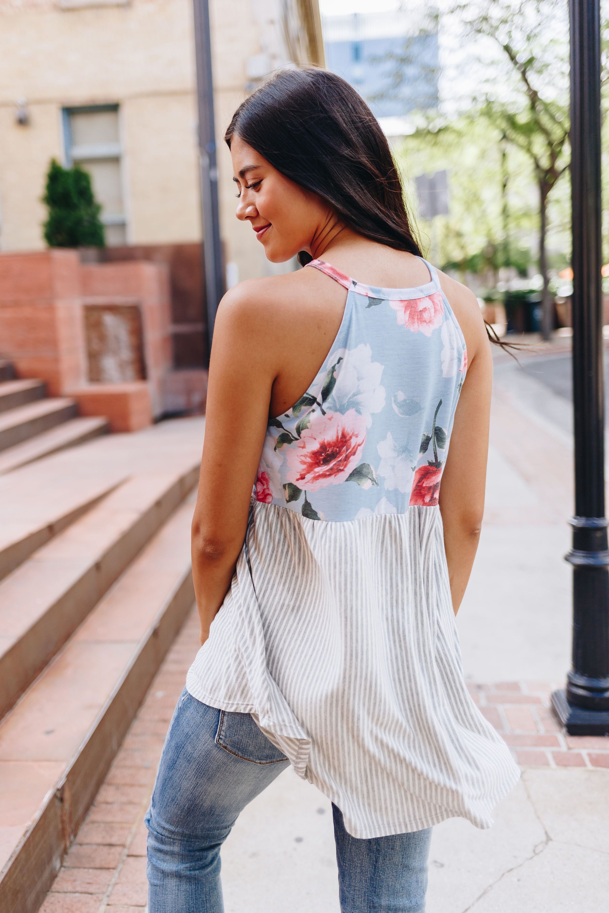 Babydoll Floral and Stripe Halter In Mint