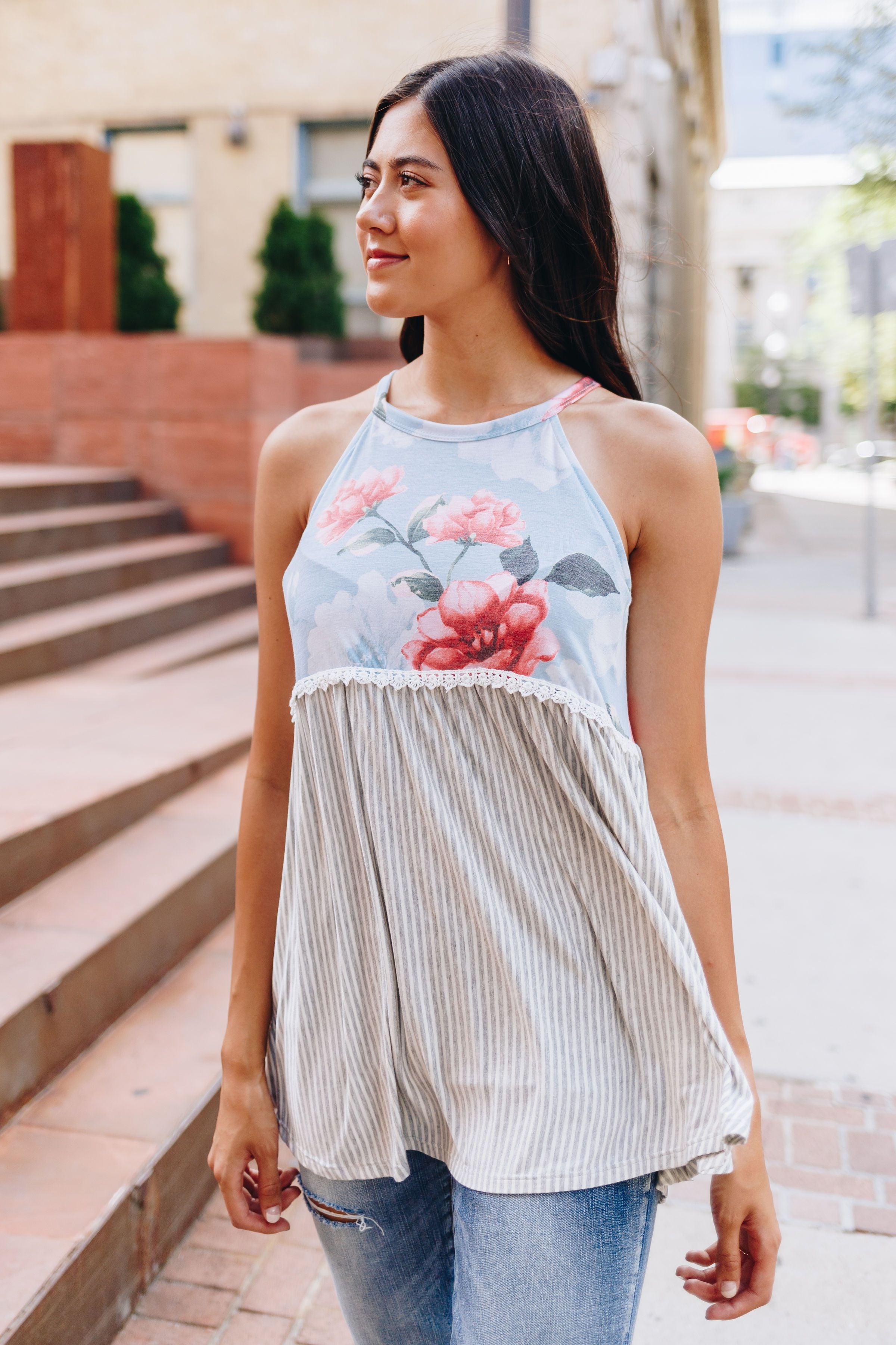 Babydoll Floral and Stripe Halter In Mint