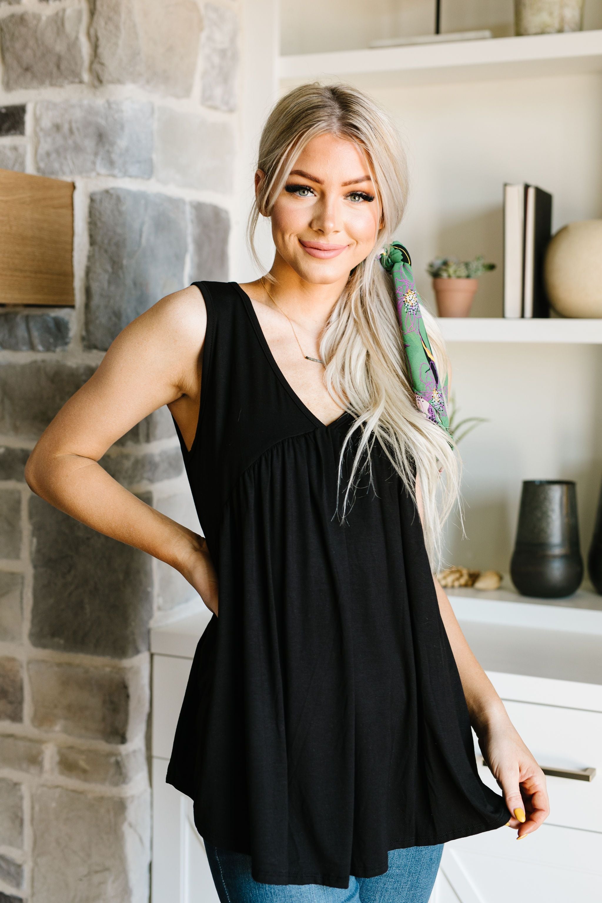 Bamboo Babydoll V-Neck Tank In Black