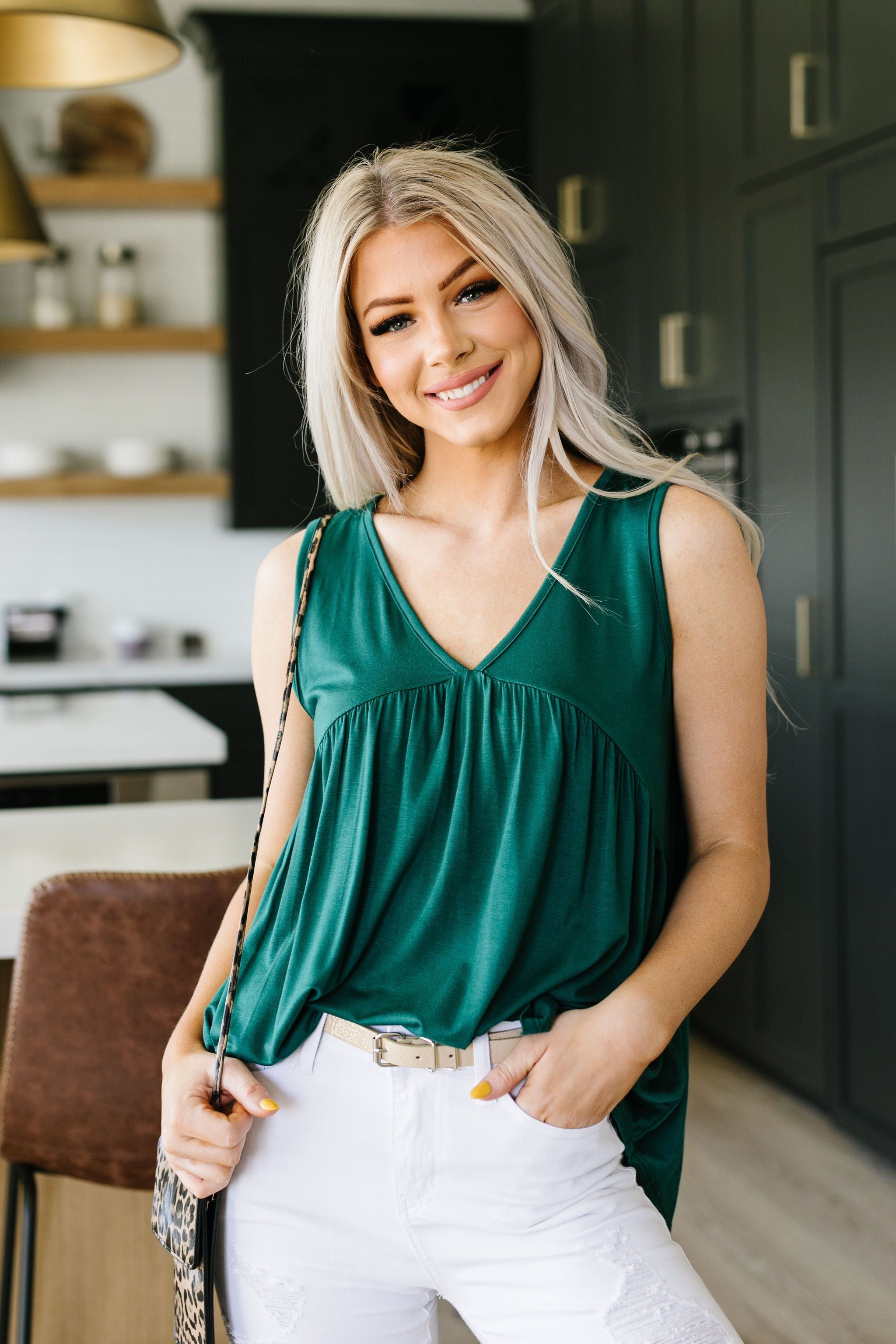 Bamboo Babydoll V-Neck Tank In Green