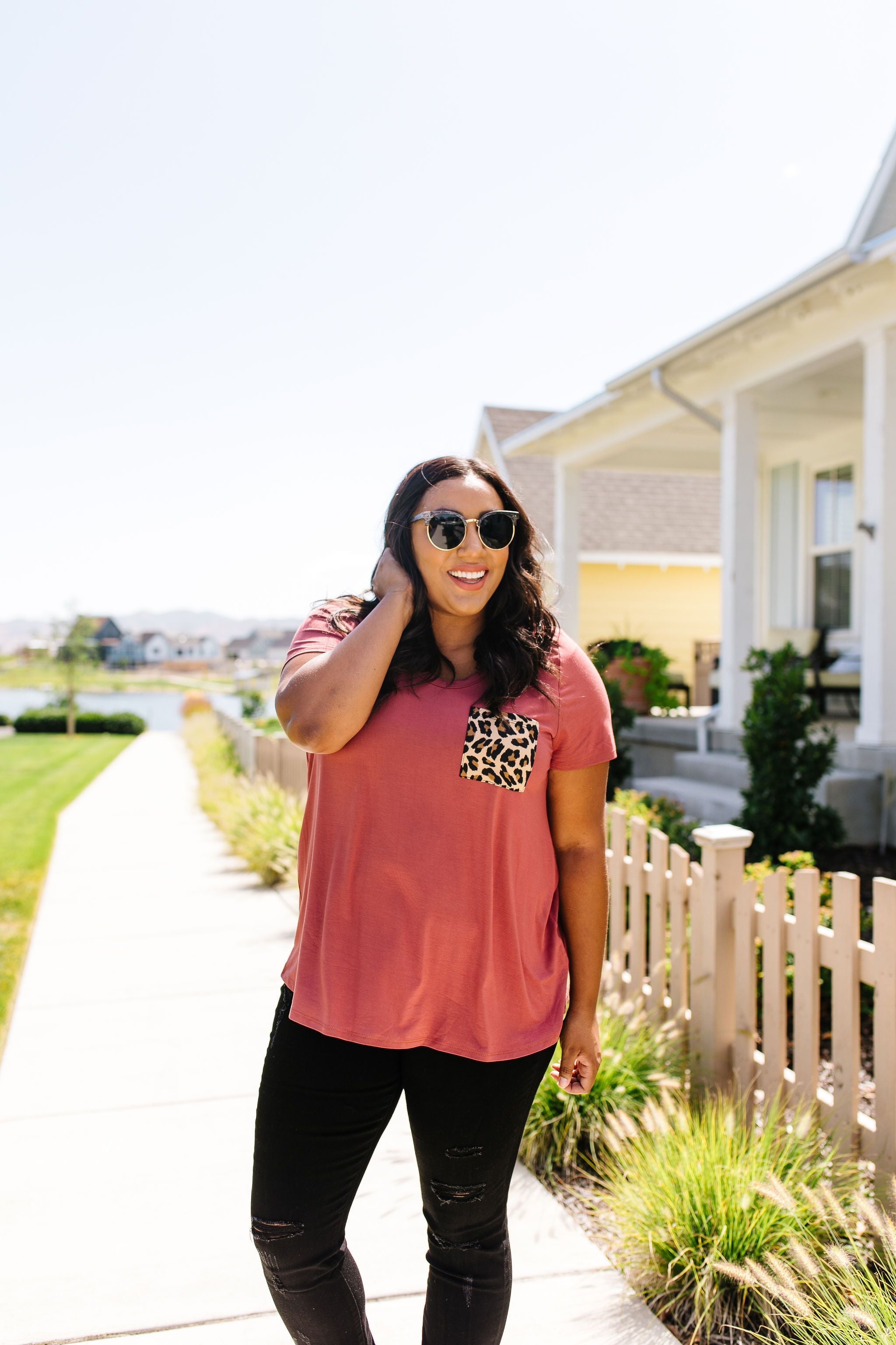 Basic V-neck Tee With A Spot Of Fun In Marsala