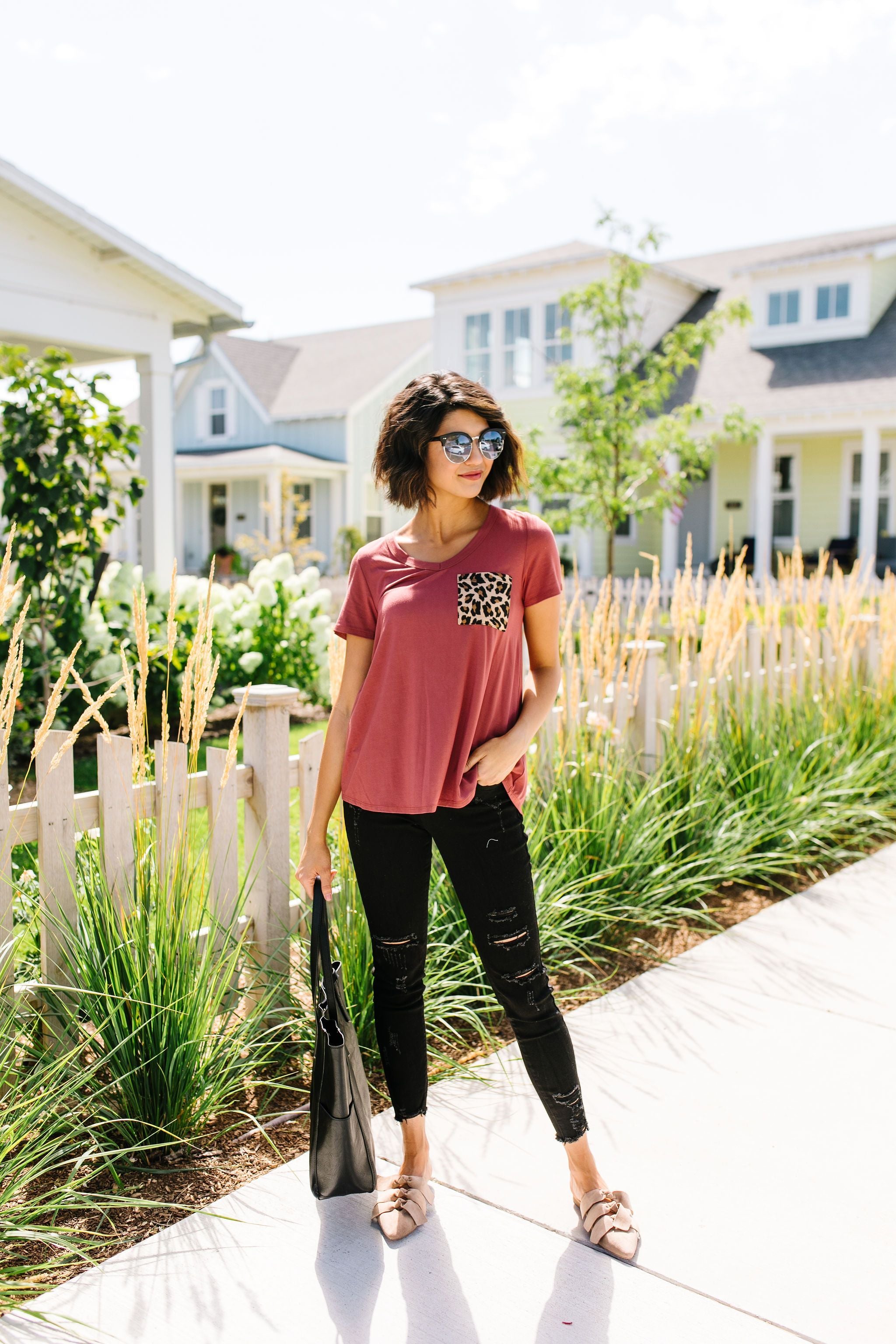 Basic V-neck Tee With A Spot Of Fun In Marsala