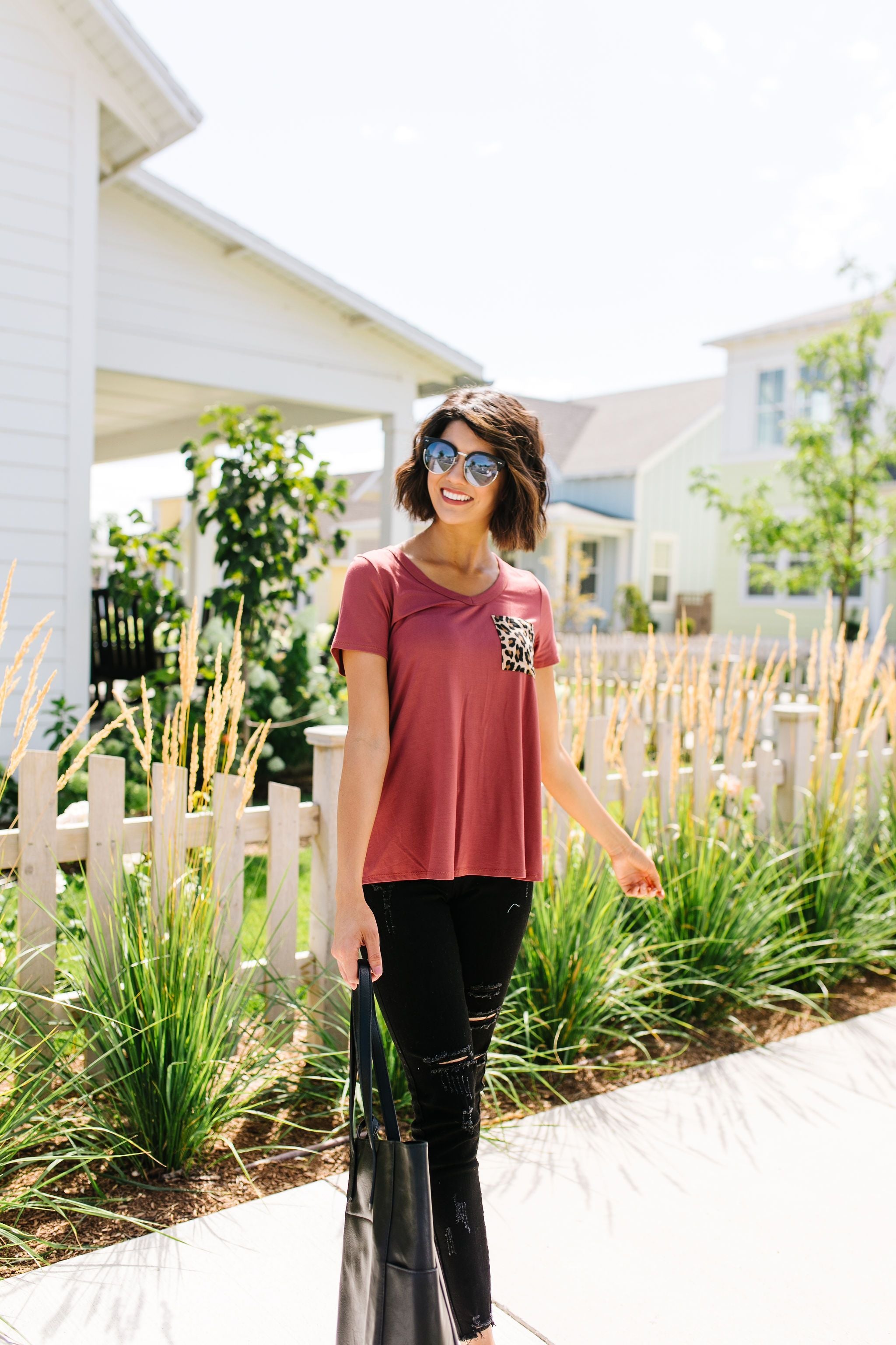 Basic V-neck Tee With A Spot Of Fun In Marsala