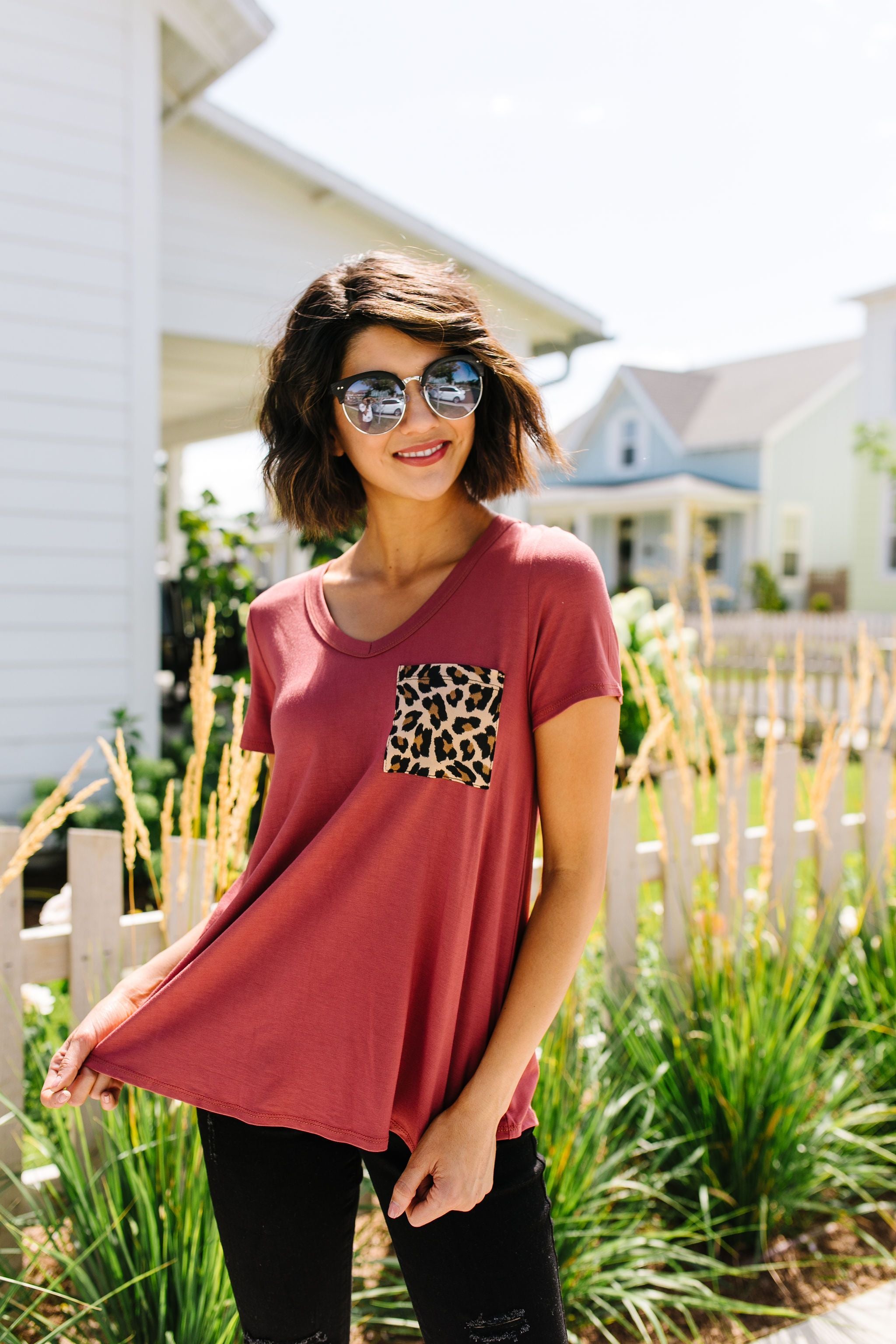 Basic V-neck Tee With A Spot Of Fun In Marsala