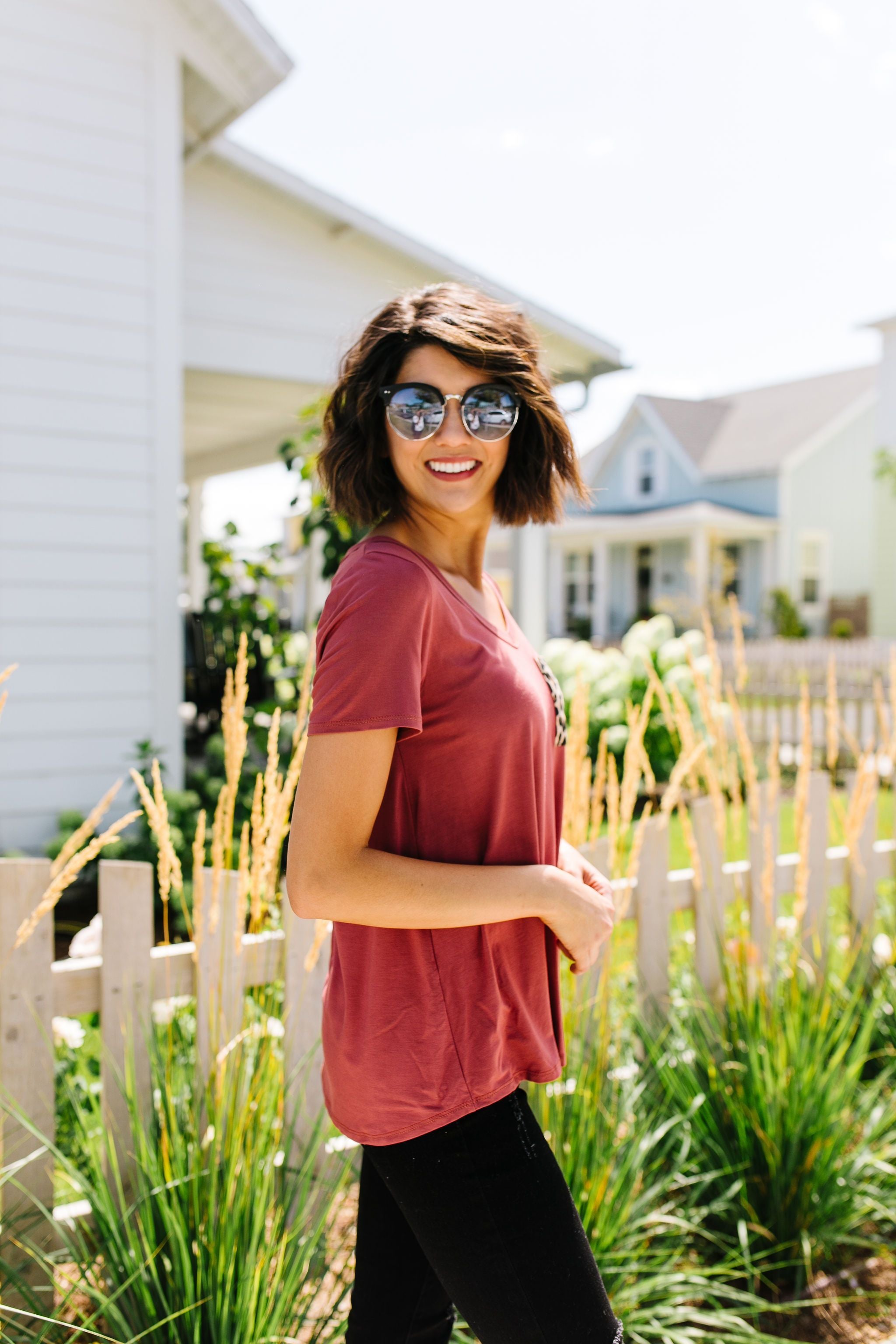 Basic V-neck Tee With A Spot Of Fun In Marsala