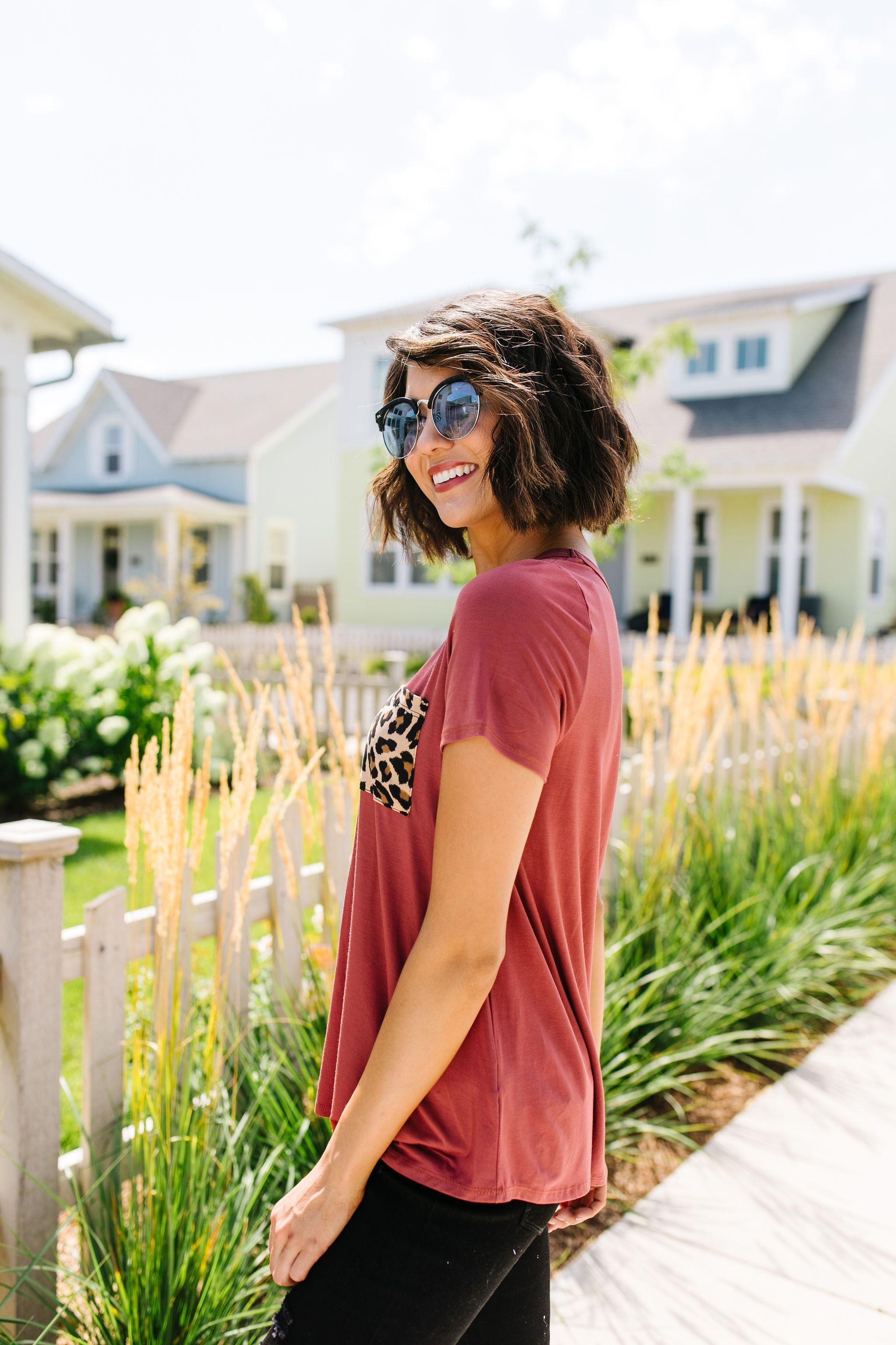 Basic V-neck Tee With A Spot Of Fun In Marsala