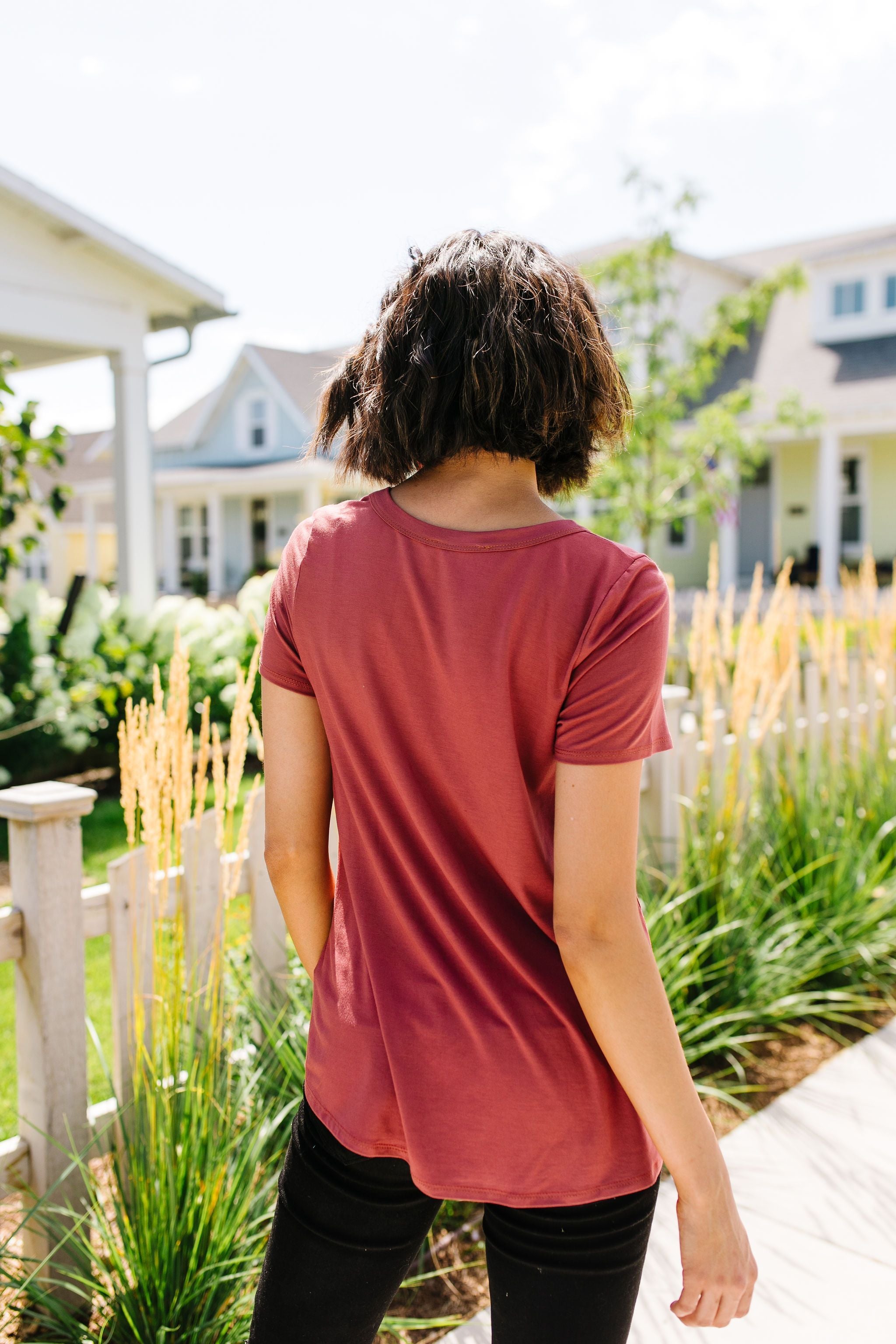 Basic V-neck Tee With A Spot Of Fun In Marsala