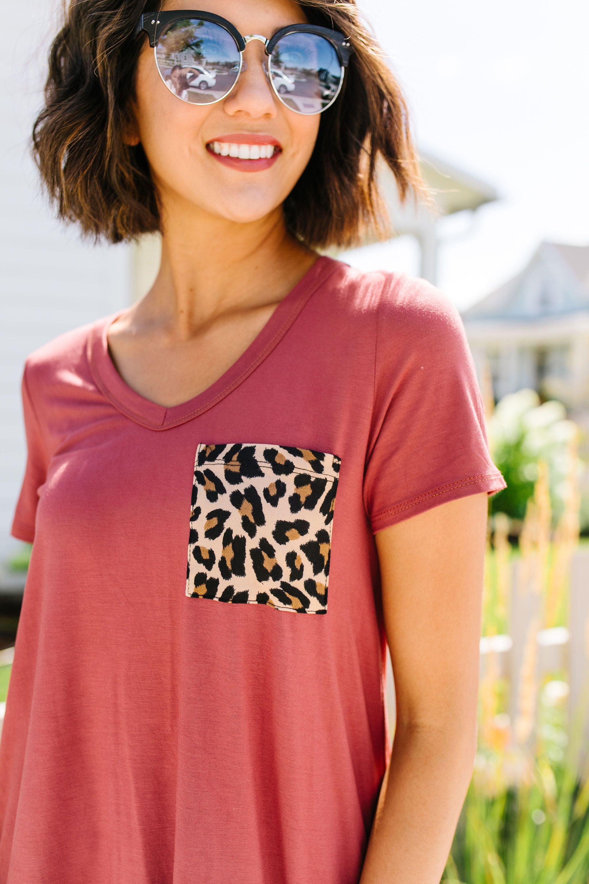 Basic V-neck Tee With A Spot Of Fun In Marsala