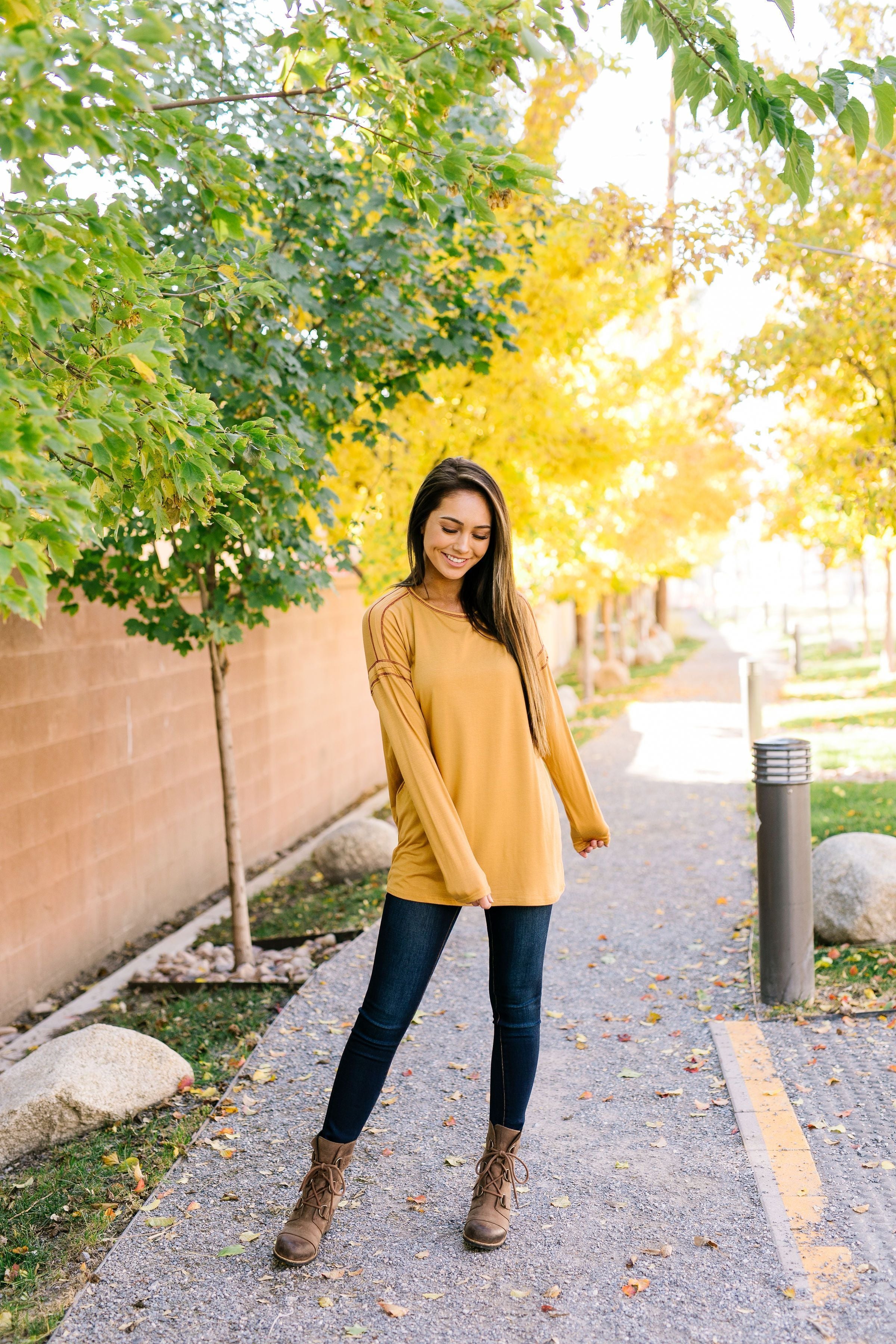 Beyond Compare Contrast Stitch Top In Mustard - ALL SALES FINAL