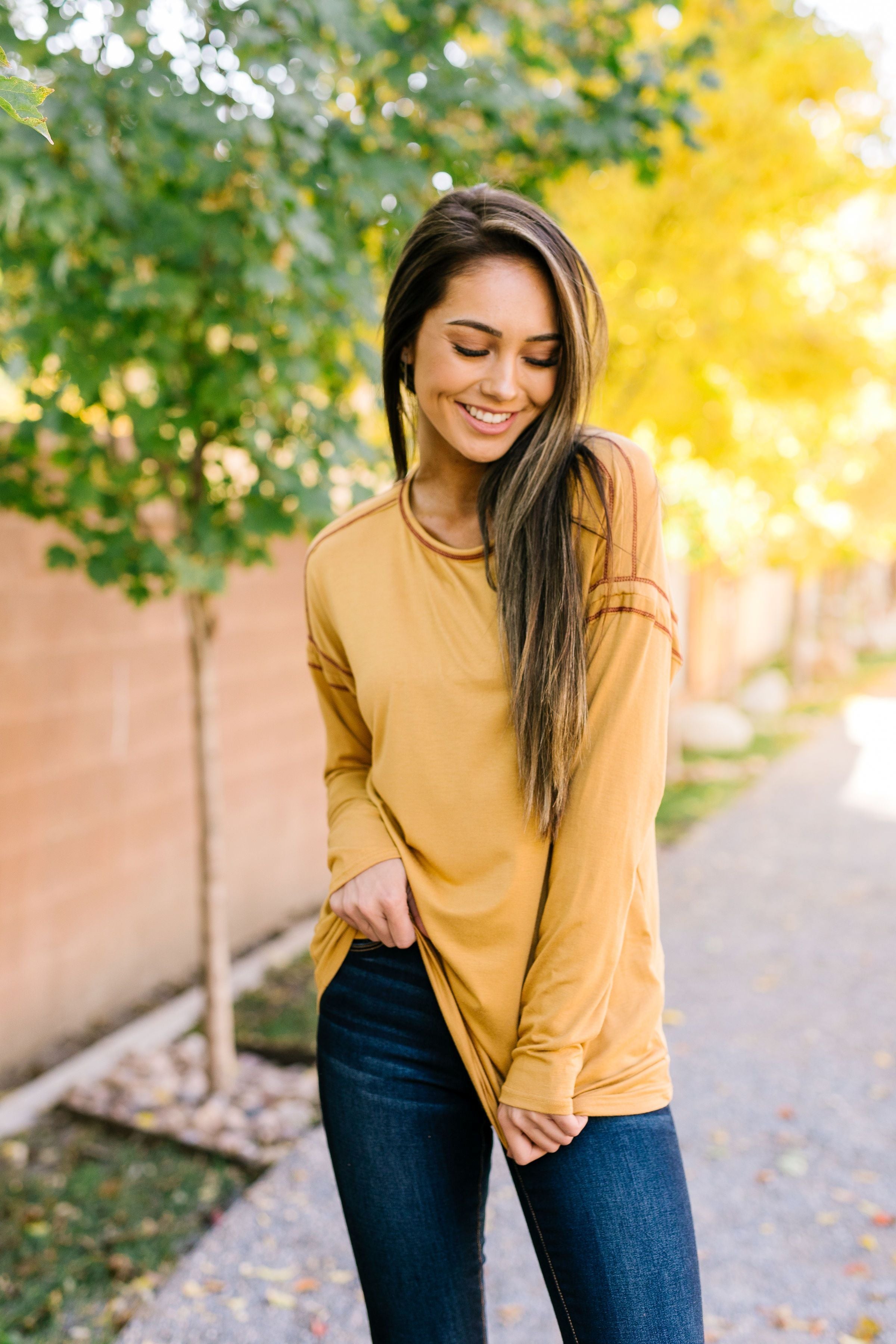 Beyond Compare Contrast Stitch Top In Mustard - ALL SALES FINAL