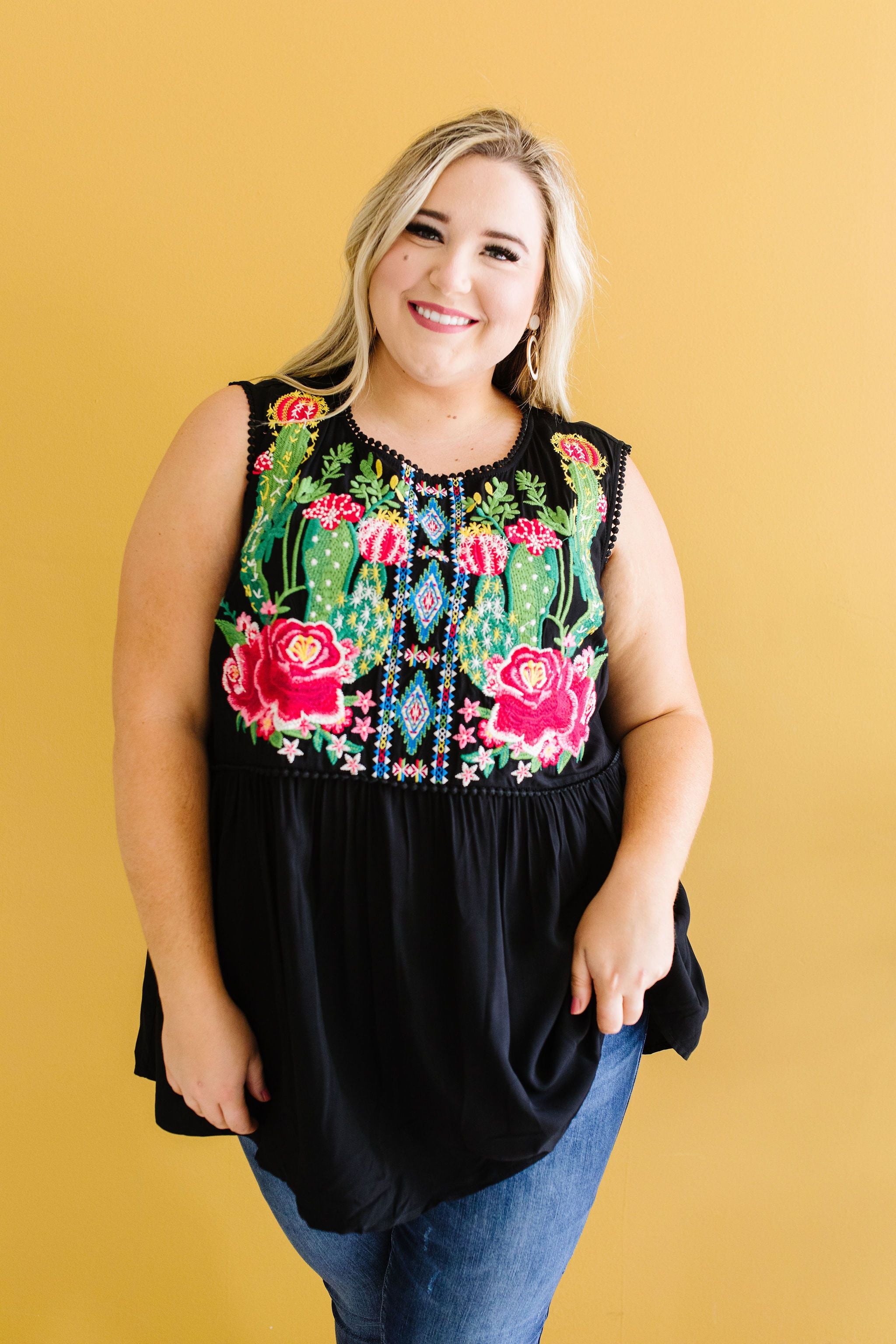 Bloom In The Desert Embroidered Top In Black