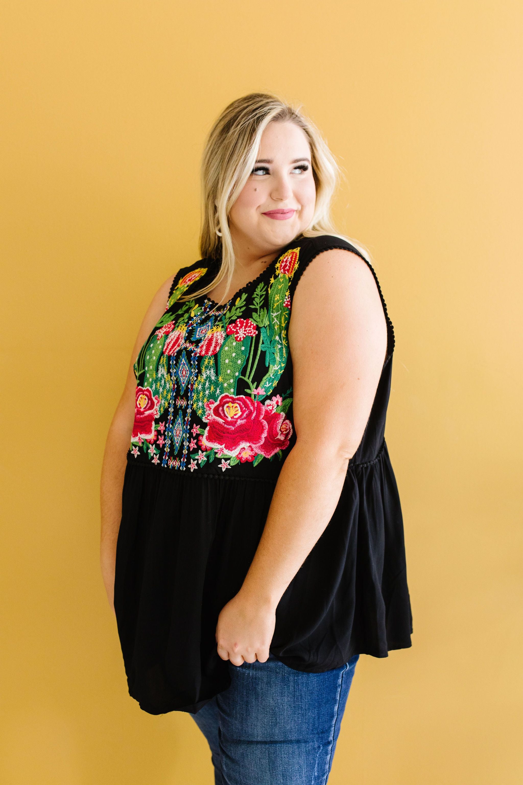 Bloom In The Desert Embroidered Top In Black