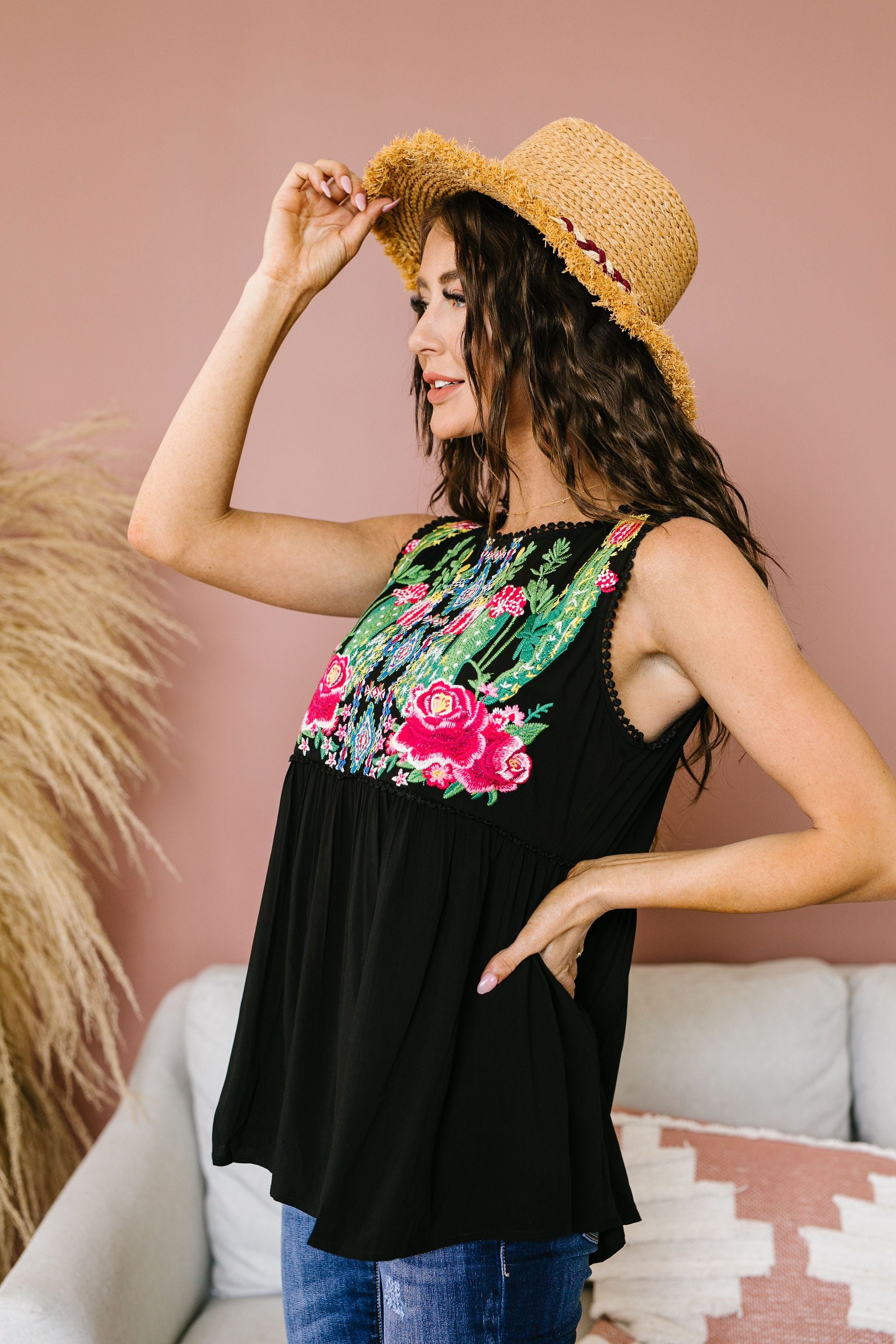 Bloom In The Desert Embroidered Top In Black