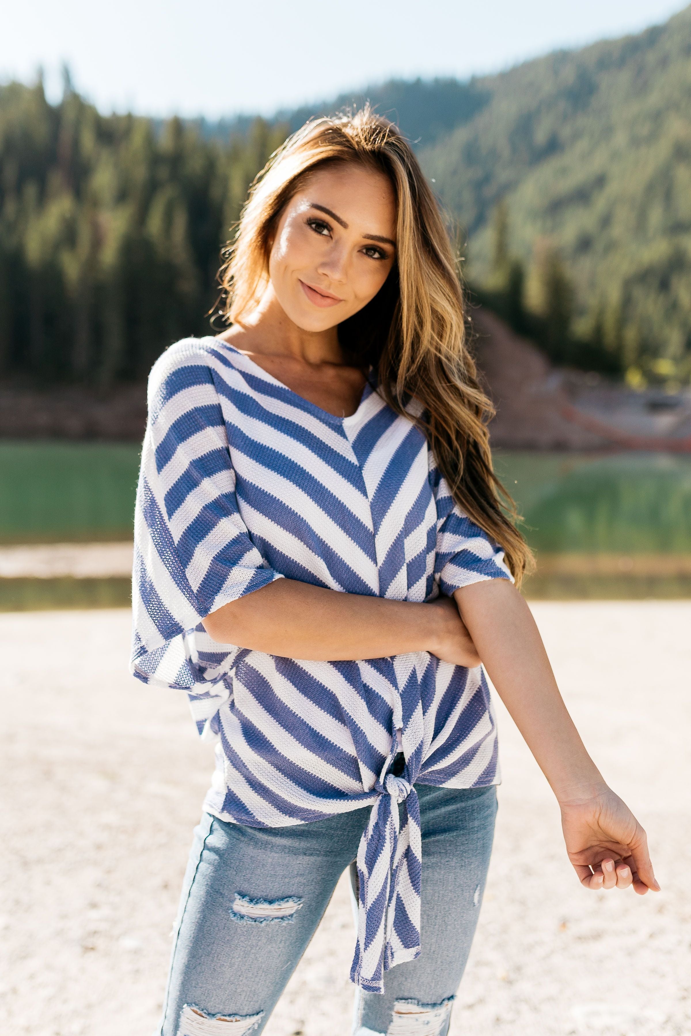 Blue + White Stripe Woven Top - ALL SALES FINAL