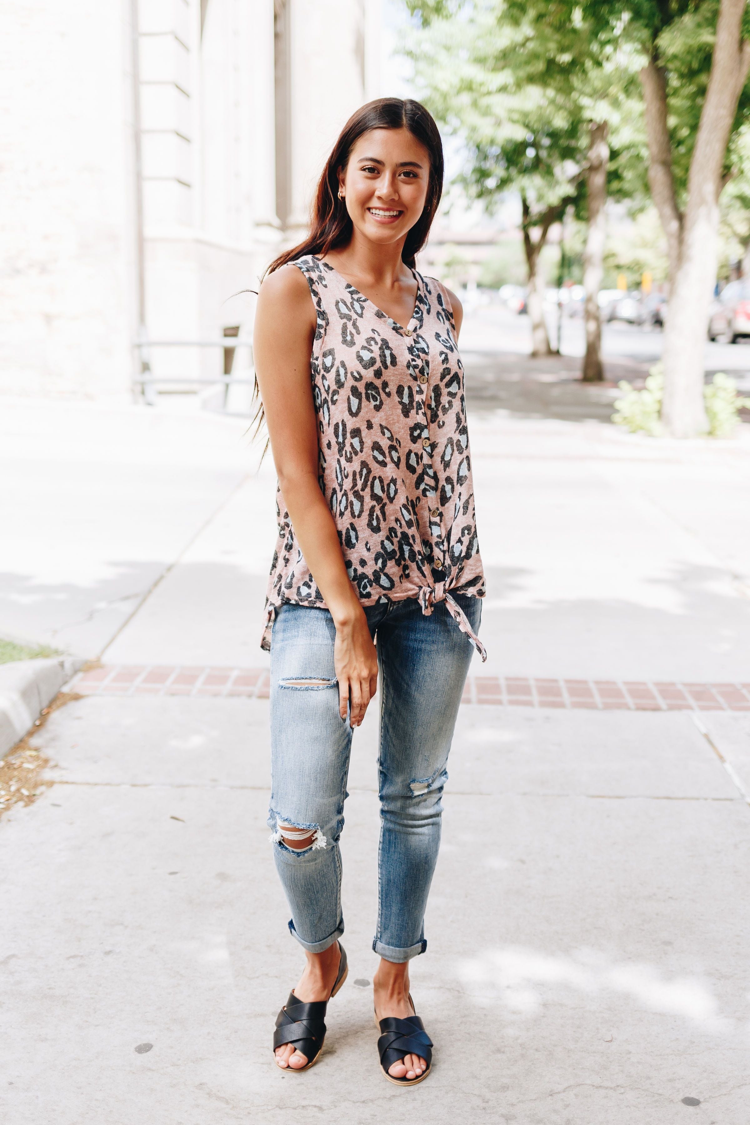 Blushing Leopard Tie-Front Tank