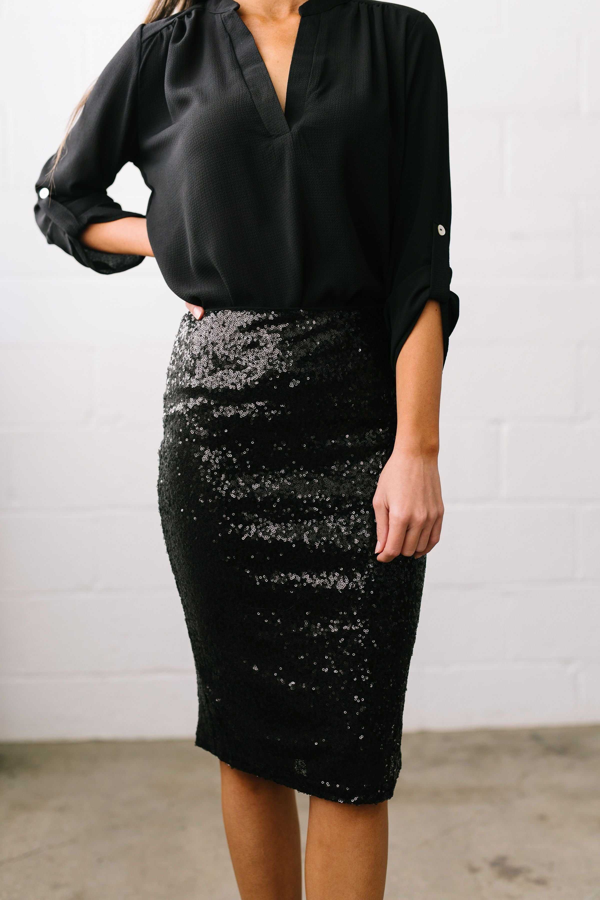 Born To Shine Sequined Pencil Skirt In Black - ALL SALES FINAL