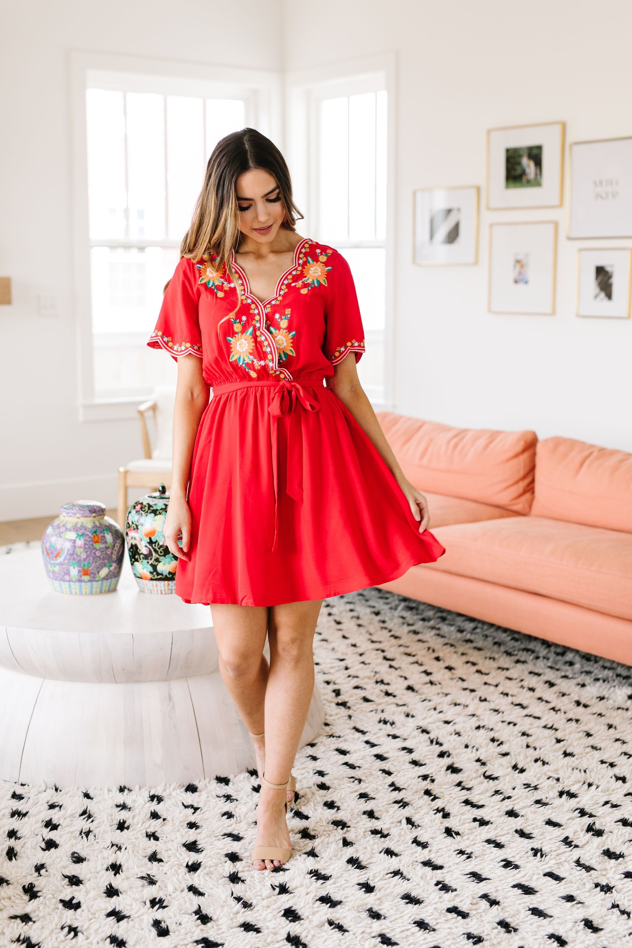 Brooklyn Embroidered Dress in Red