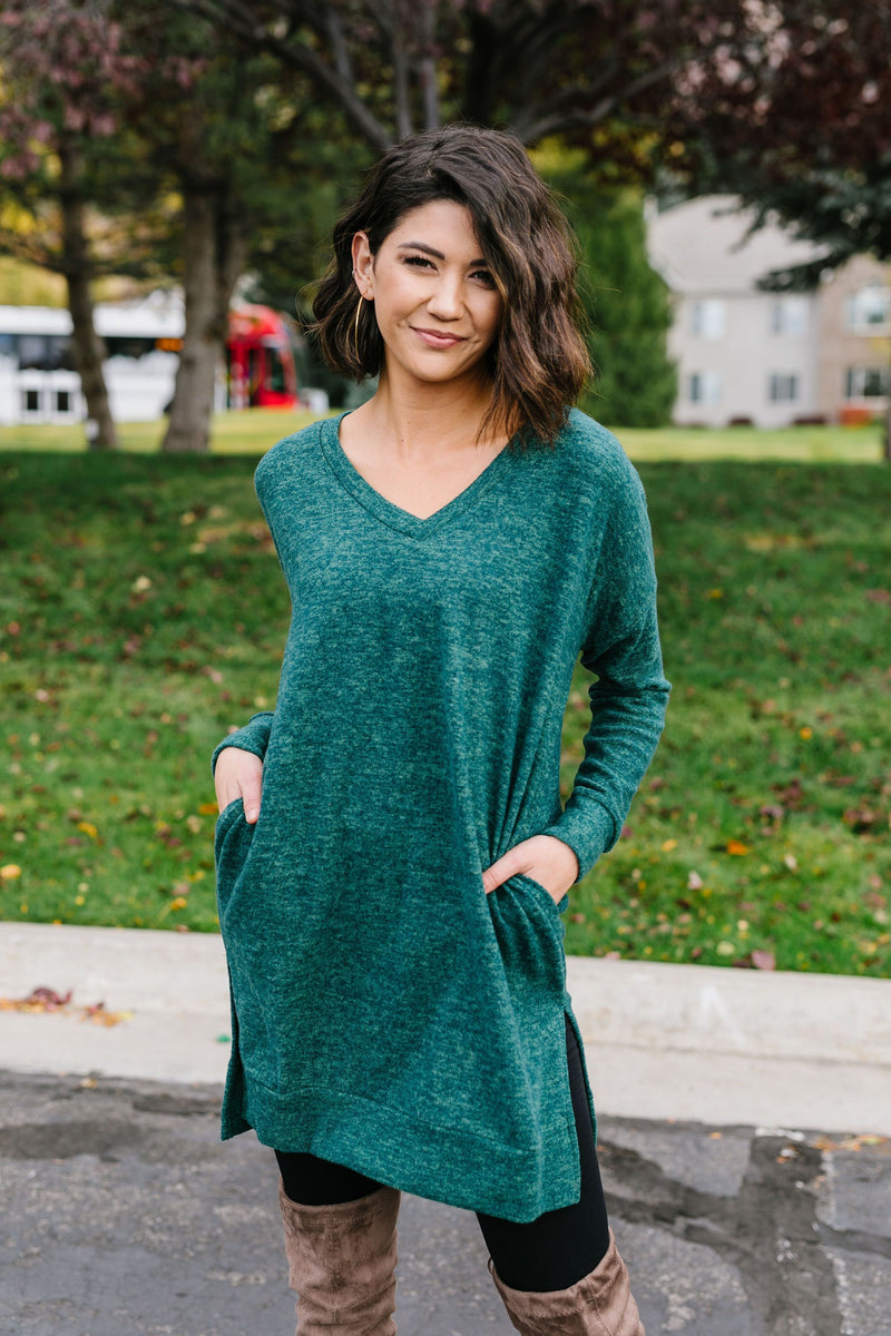 Brushed Melange V-Neck Sweater In Hunter Green