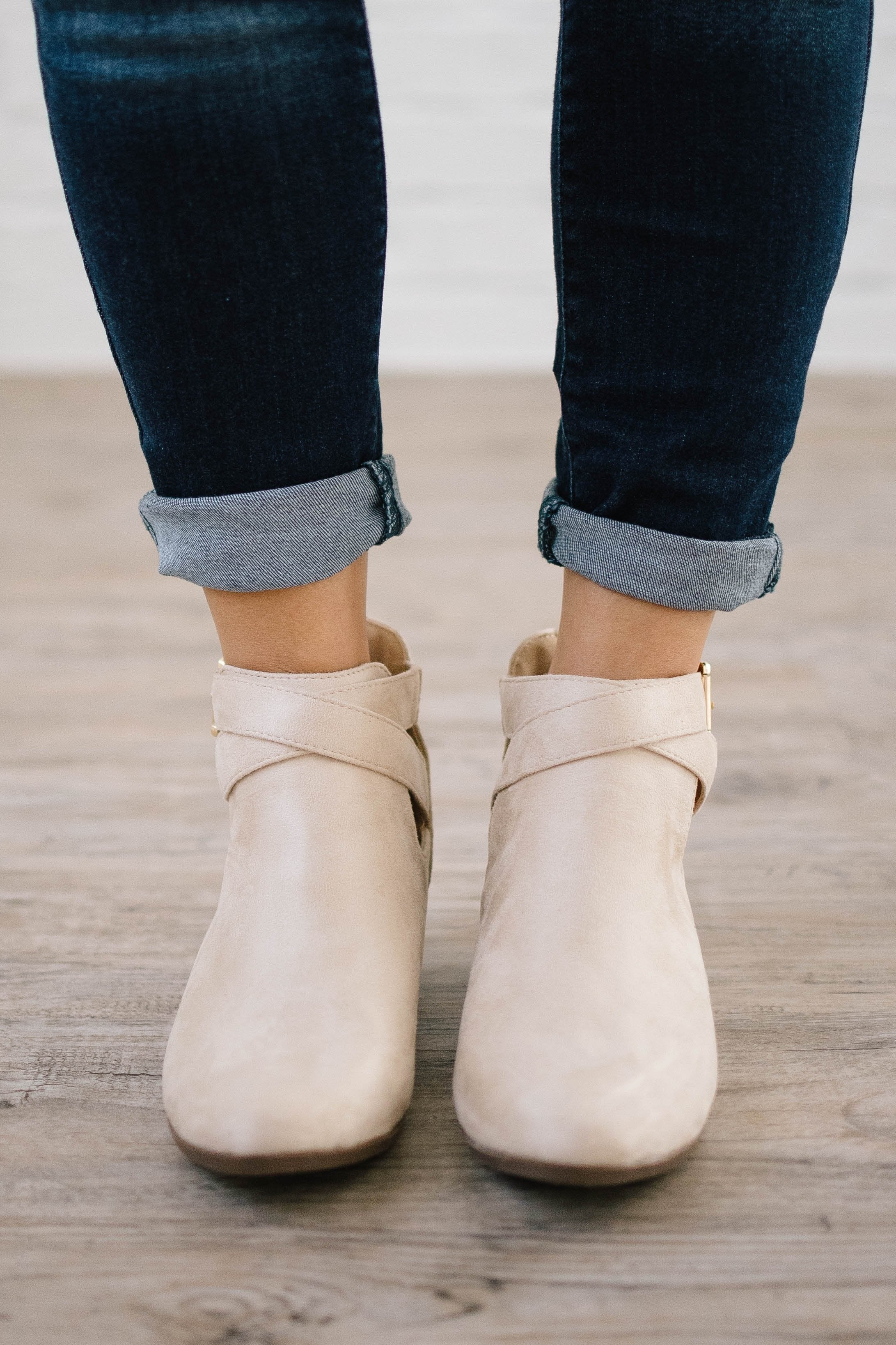 Buckle Booties in Beige Suede