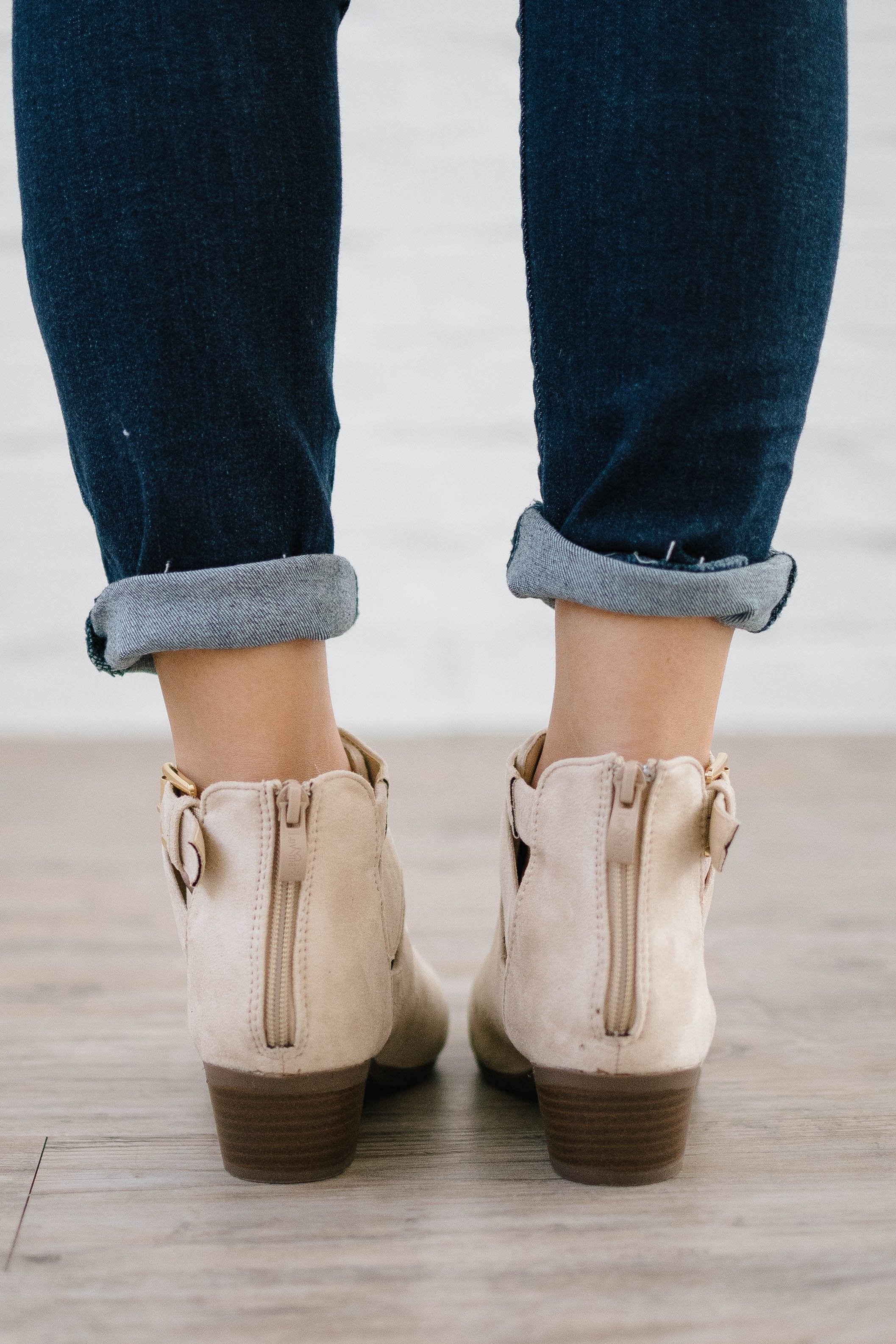 Buckle Booties in Beige Suede