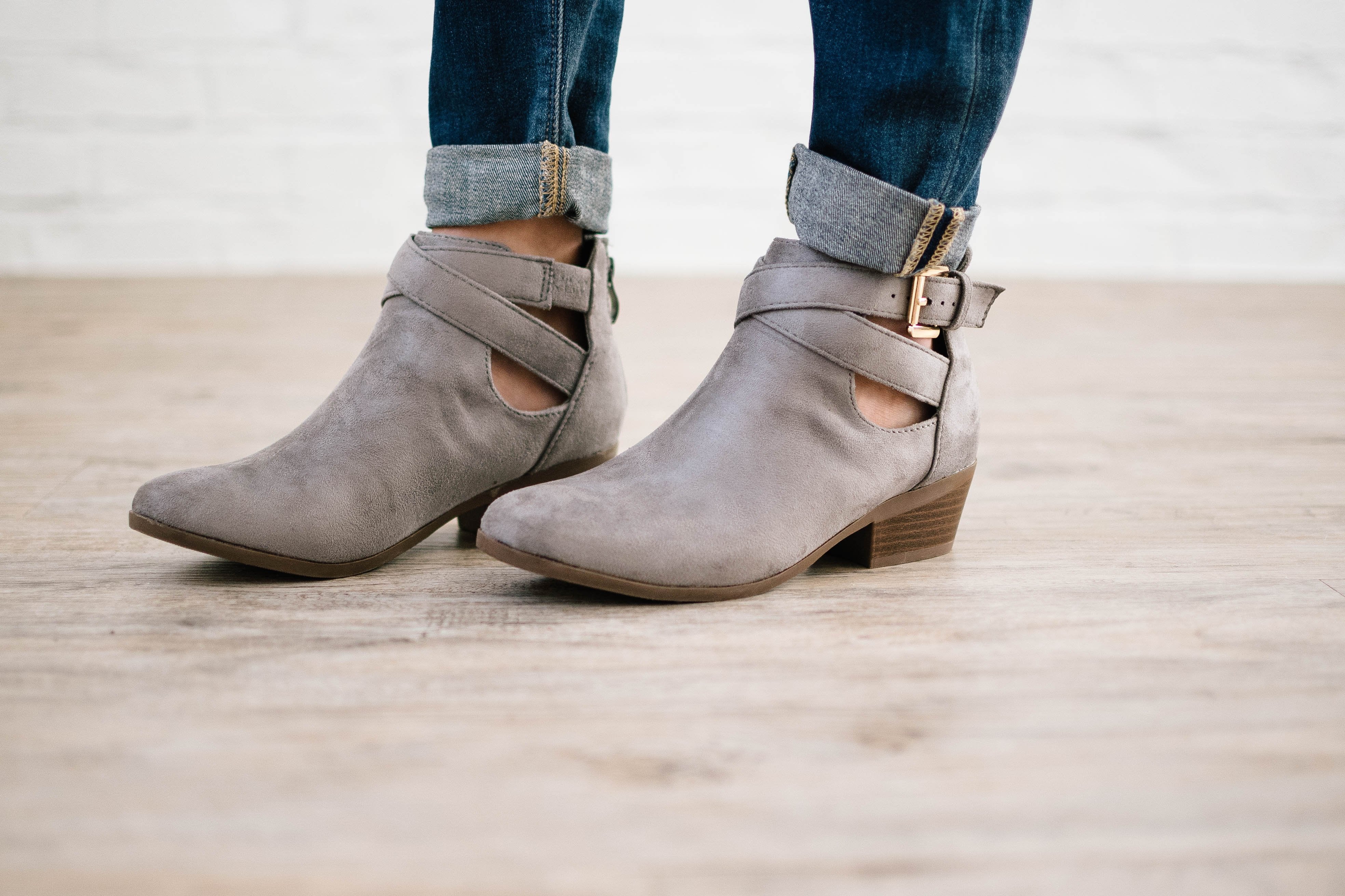 Buckle Booties in Grey Suede