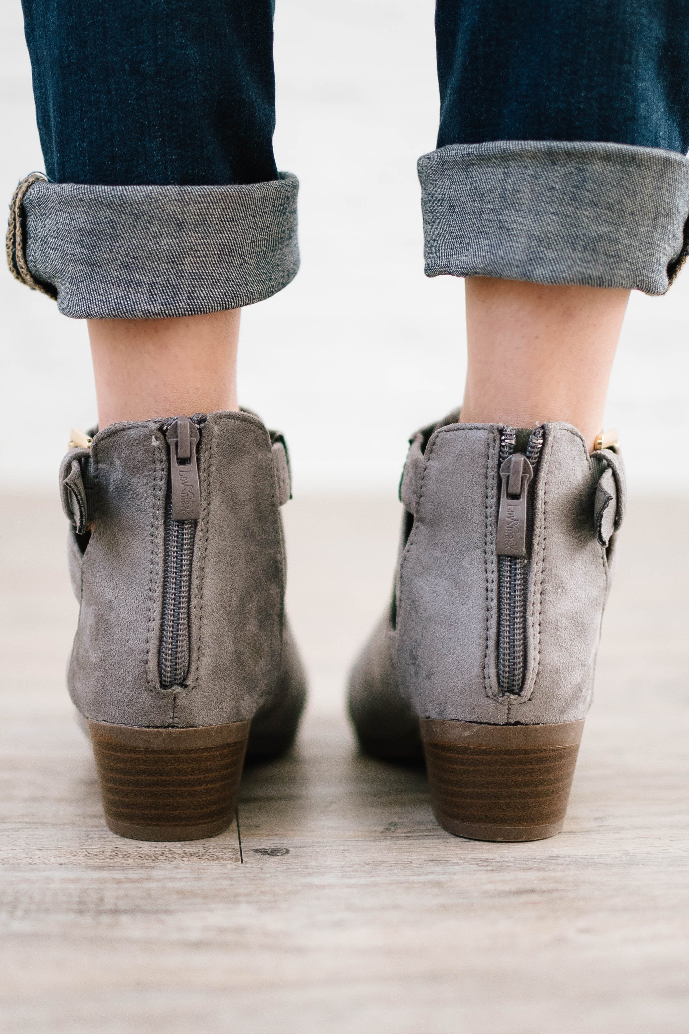 Buckle Booties in Grey Suede