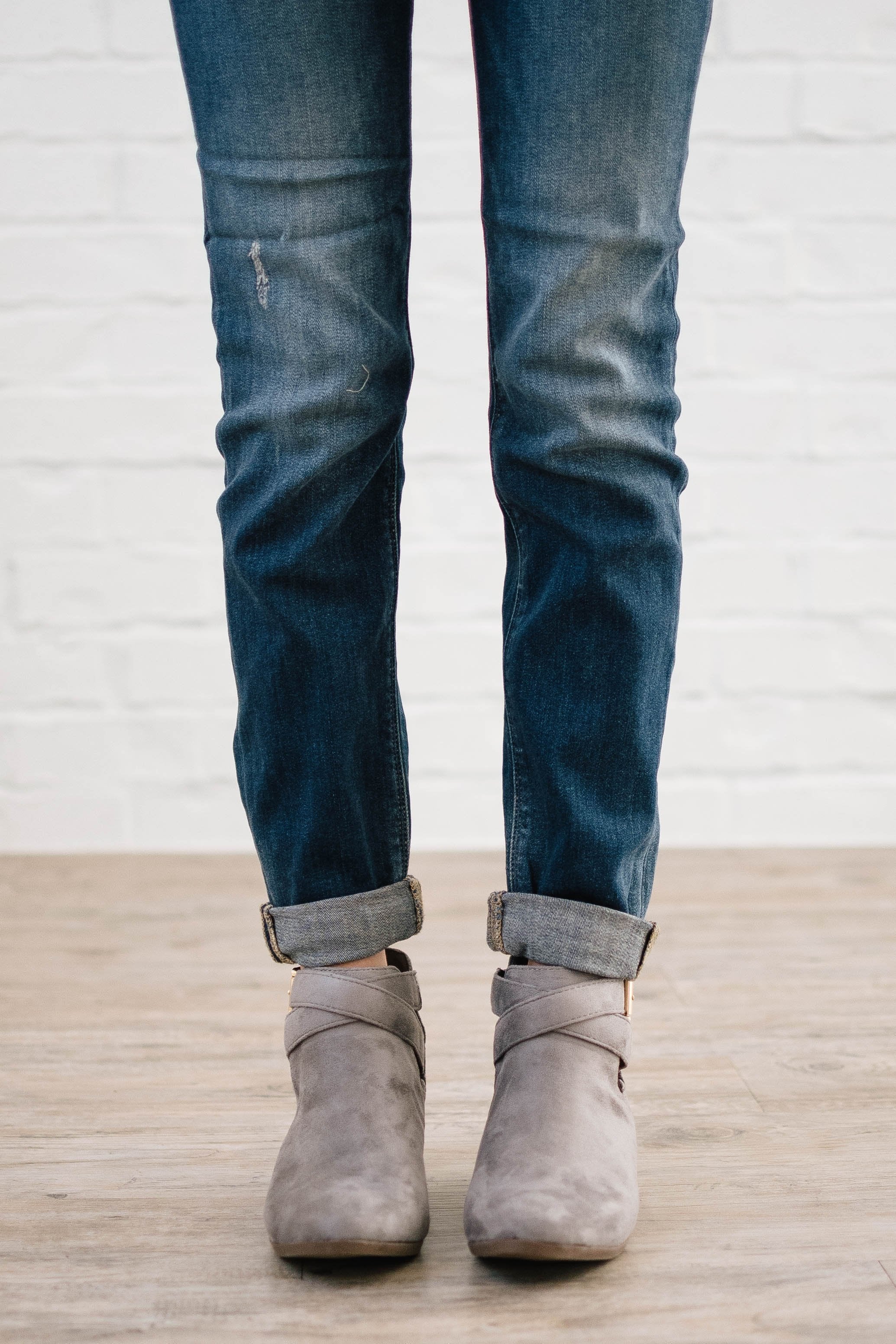 Buckle Booties in Grey Suede