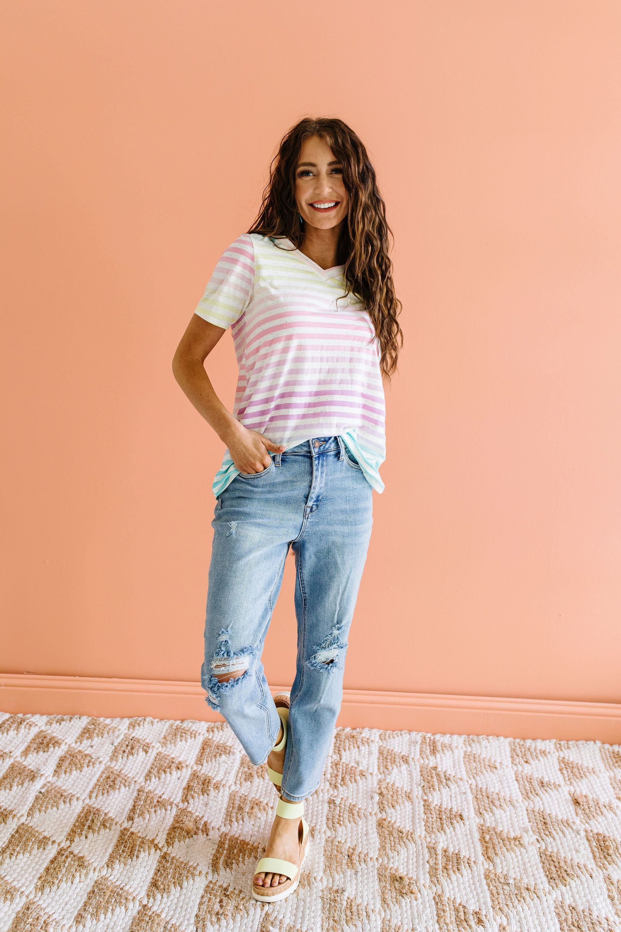 Burnout Pastel Striped V-Neck