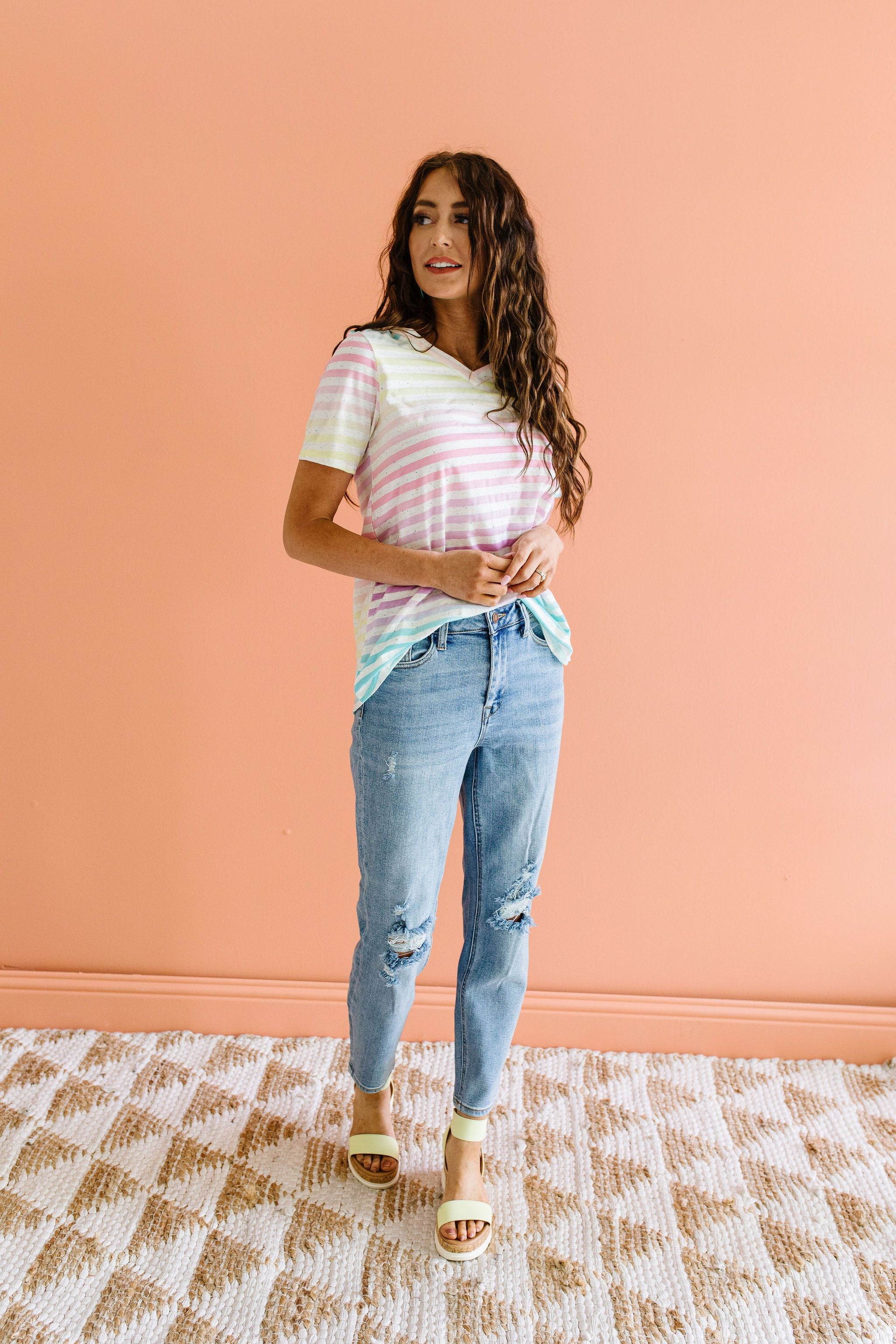 Burnout Pastel Striped V-Neck