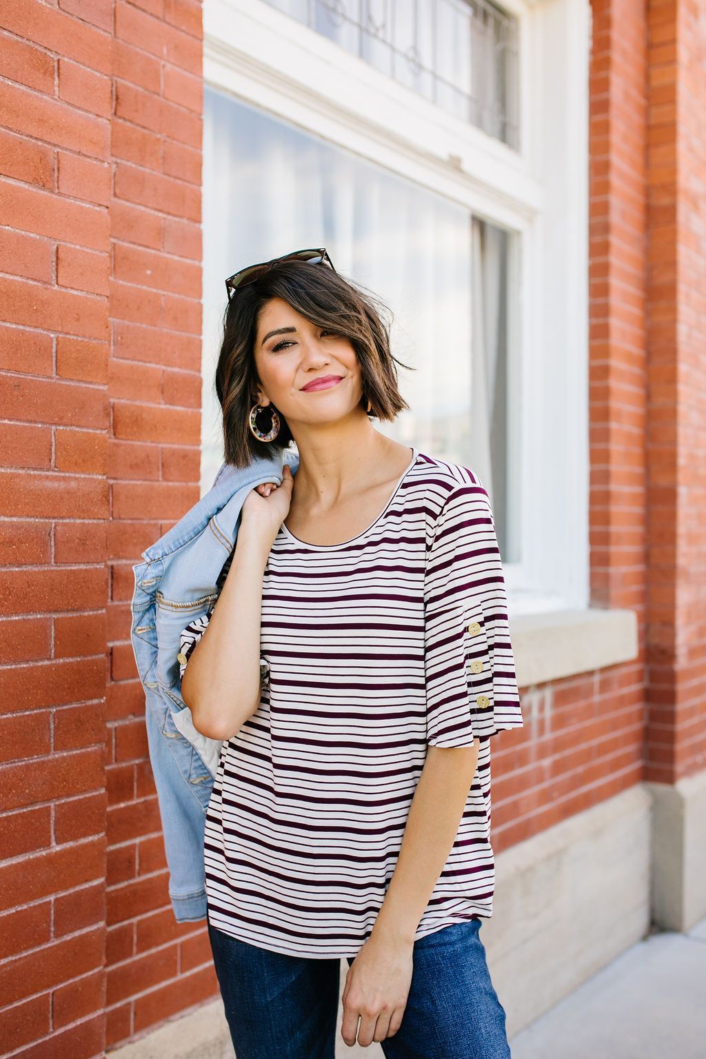 Button Trim Striped Top