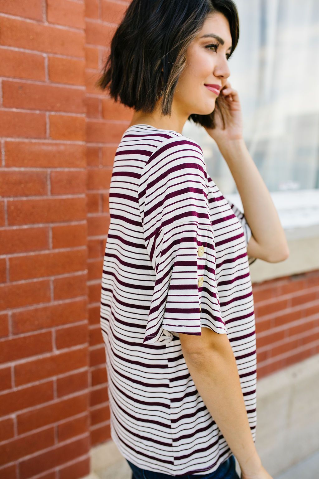 Button Trim Striped Top