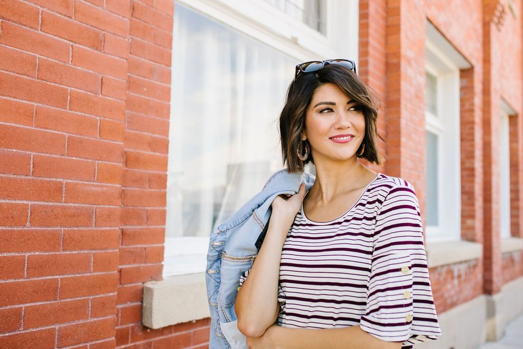 Button Trim Striped Top