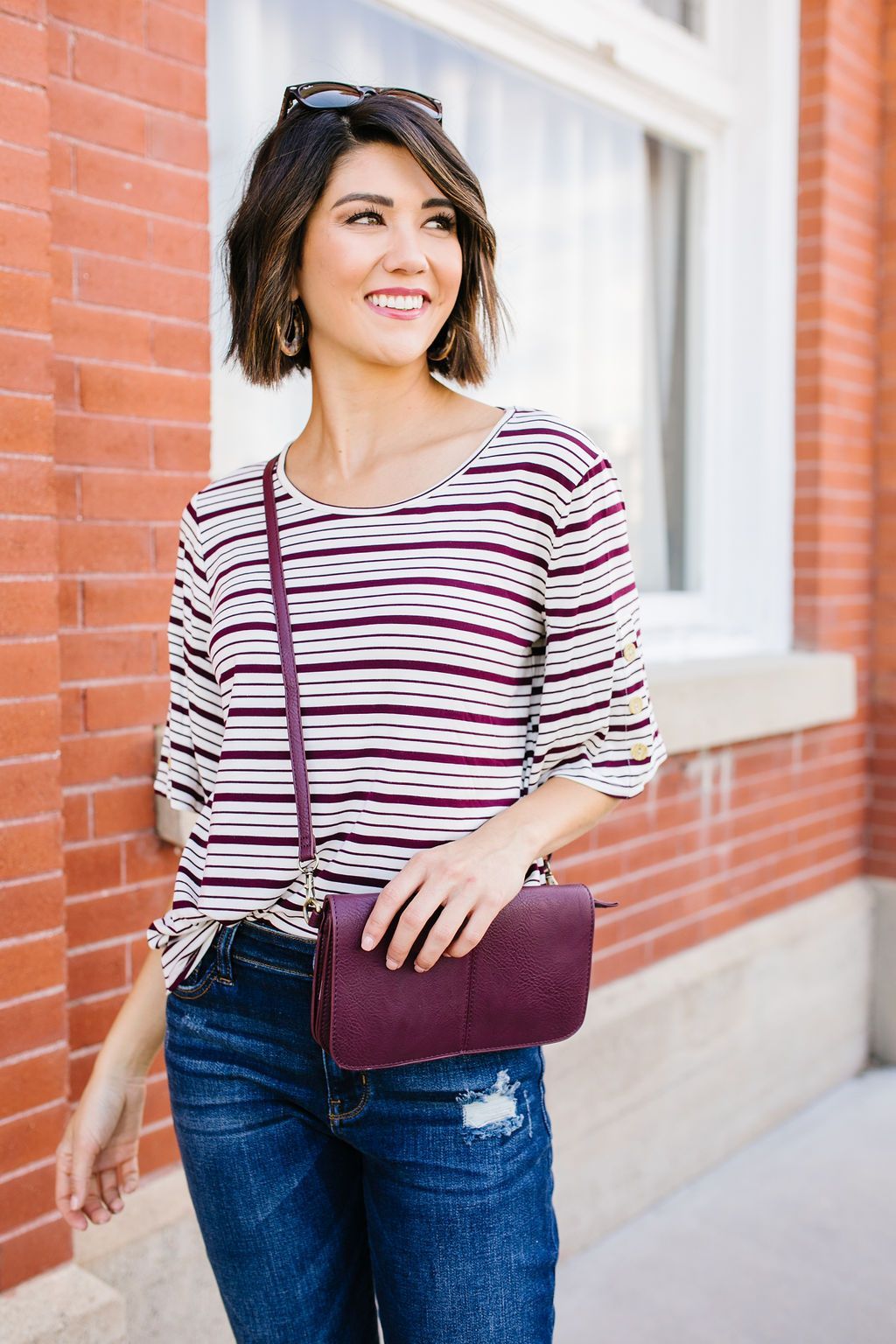 Button Trim Striped Top