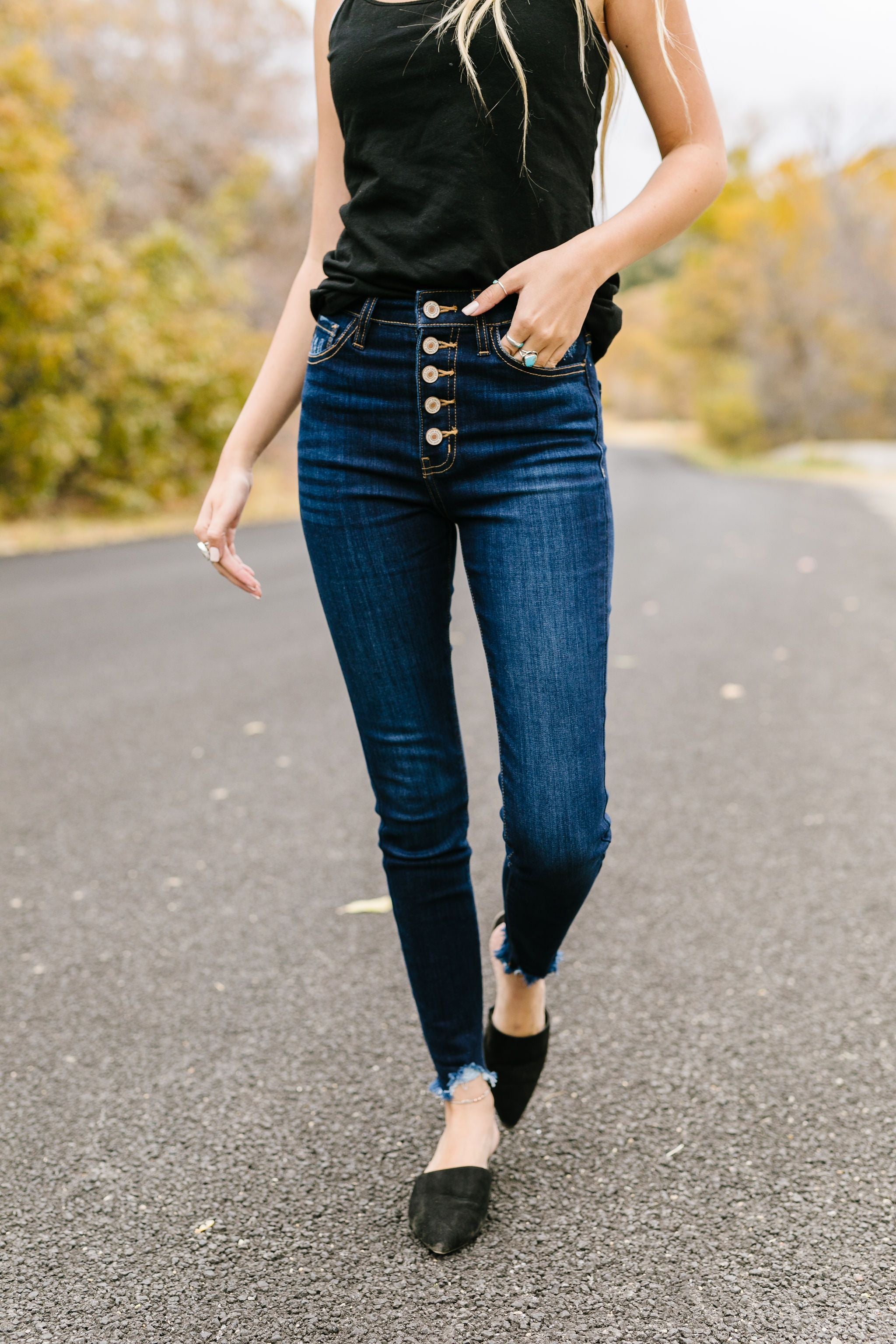 Buttons + Fringe High Rise Jeans