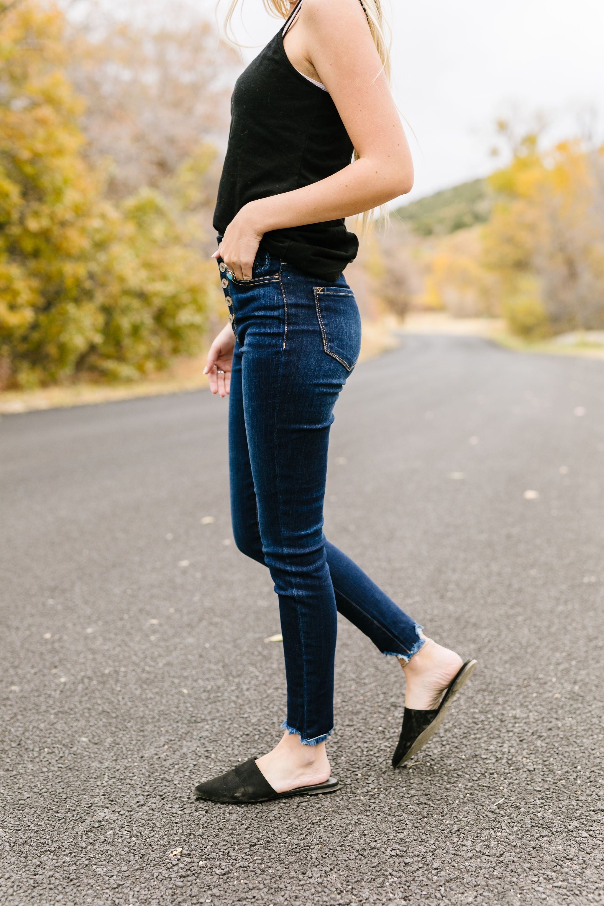 Buttons + Fringe High Rise Jeans