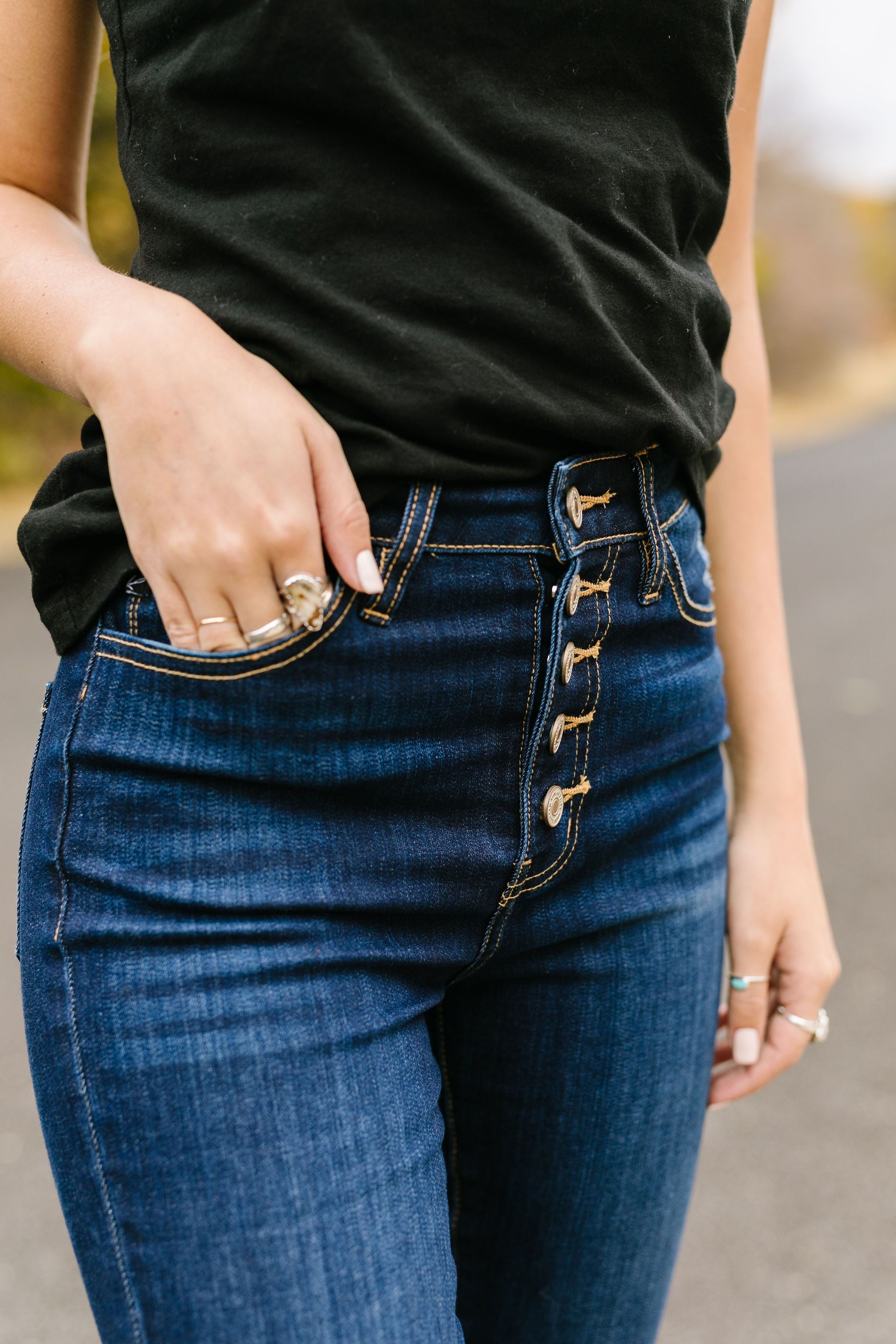 Buttons + Fringe High Rise Jeans