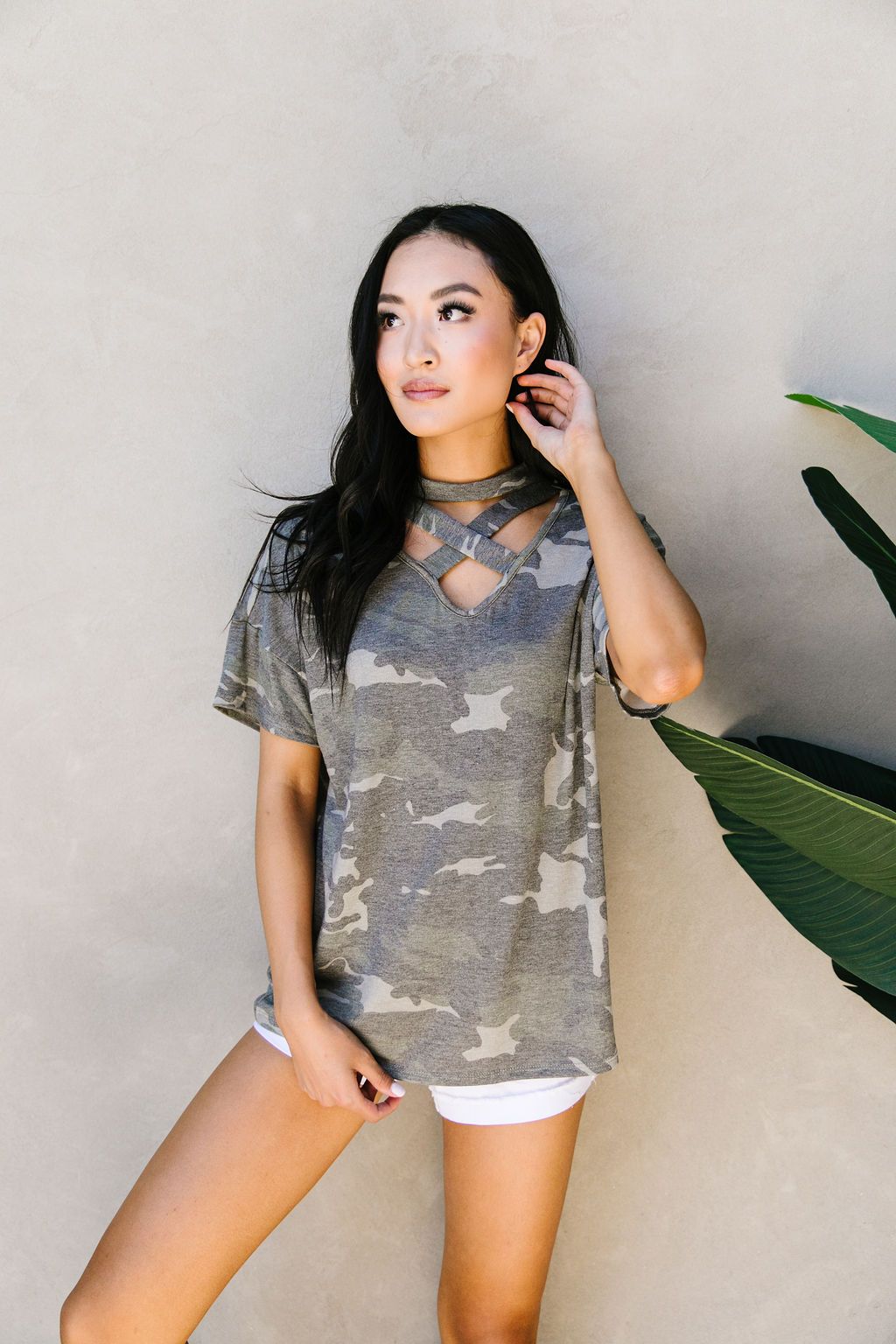 Camo Crisscross V-neck Top