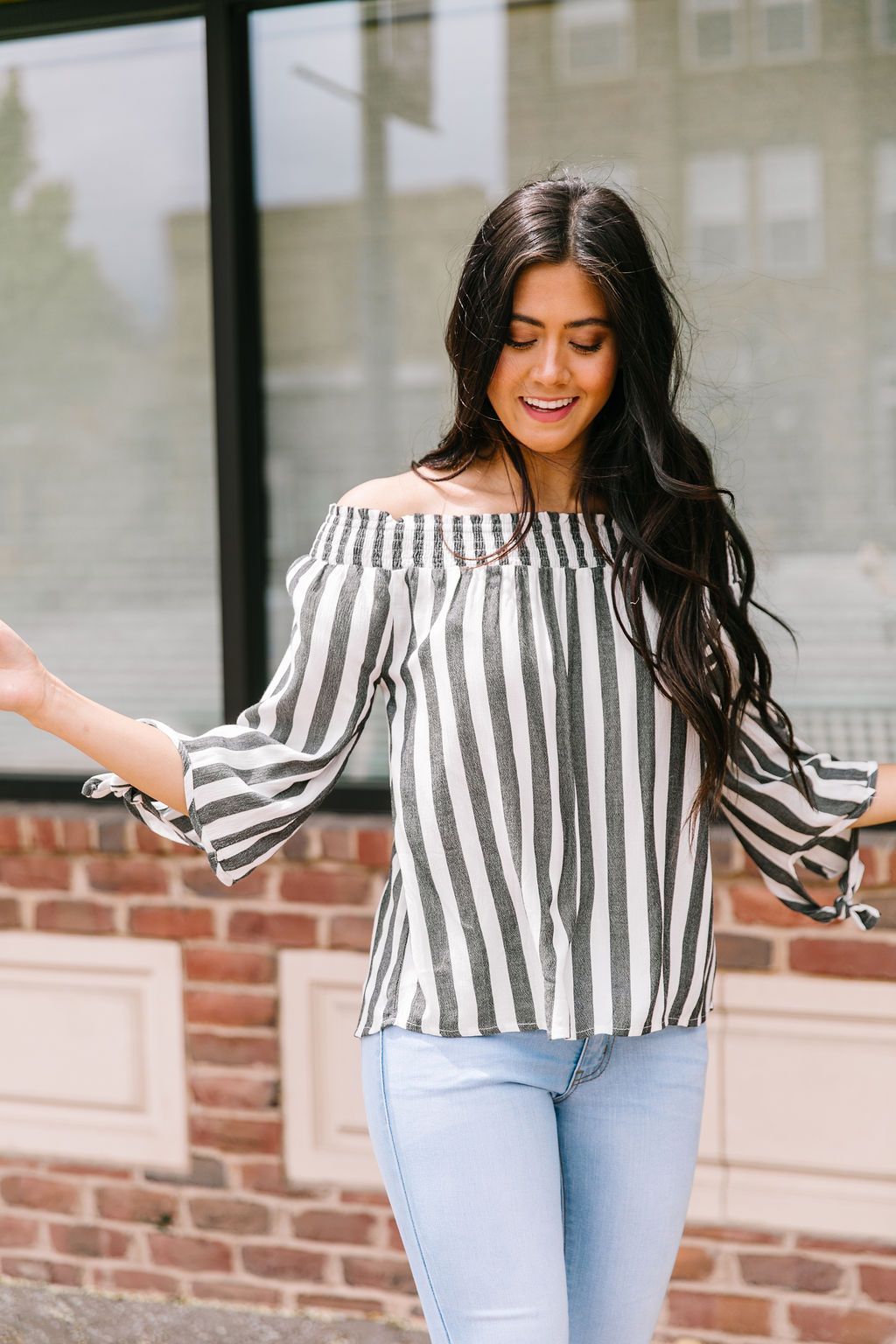 Carefree Striped Off The Shoulder Top