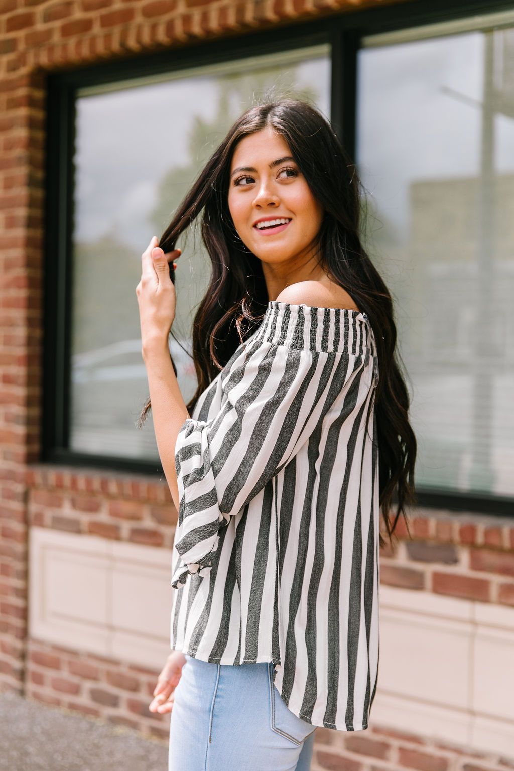 Carefree Striped Off The Shoulder Top