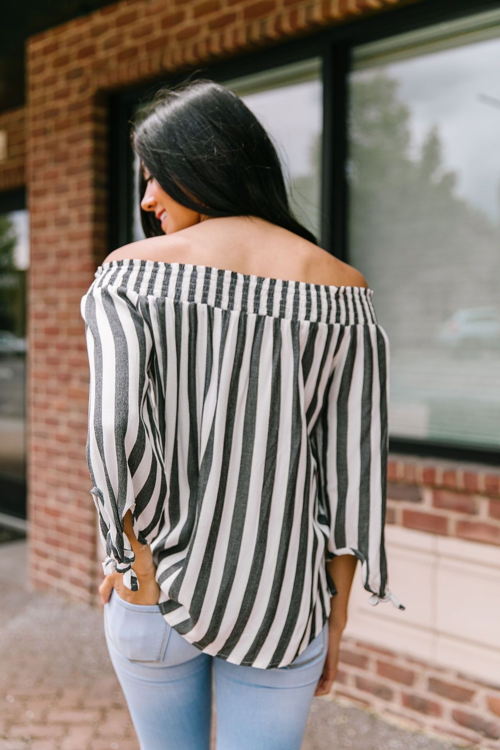 Carefree Striped Off The Shoulder Top