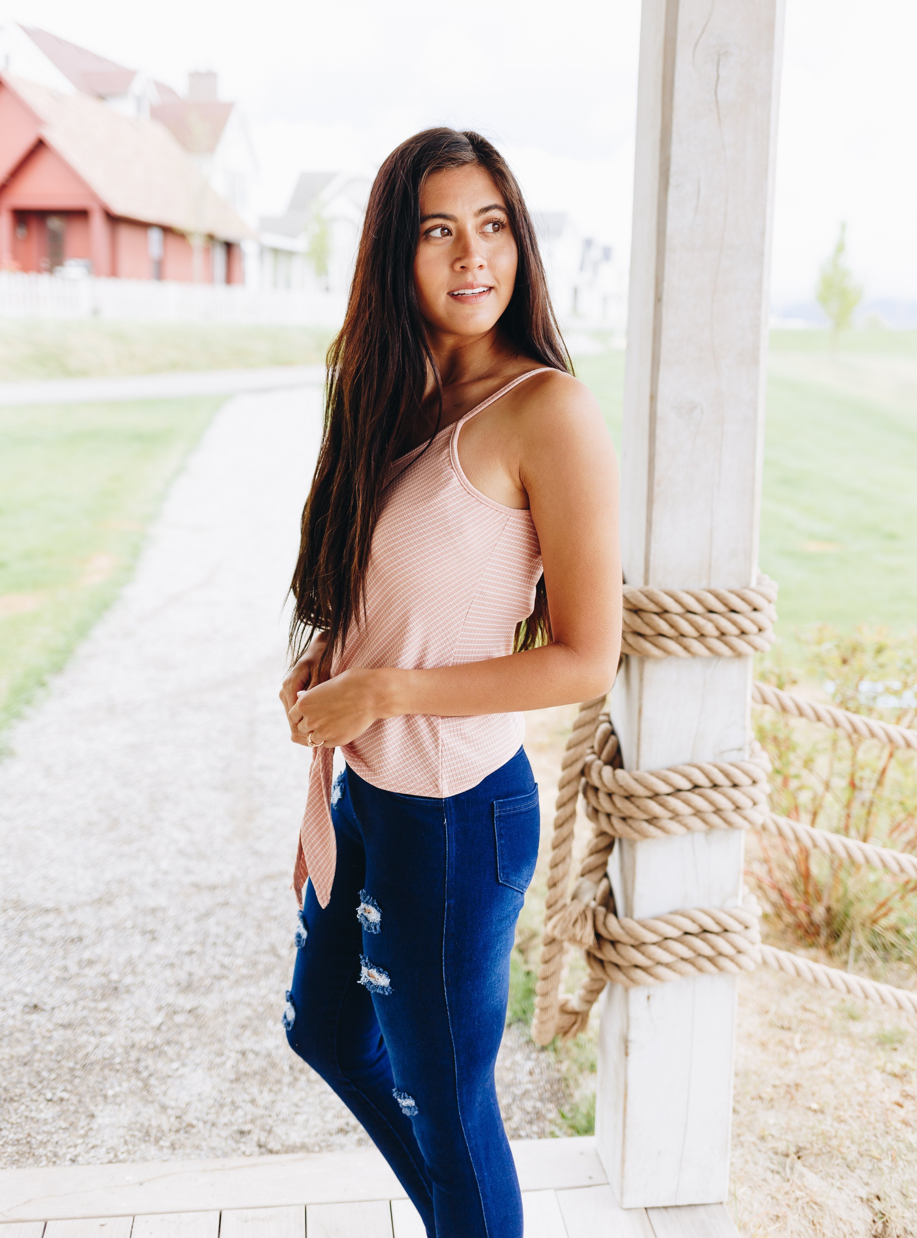 Chevron Stripes Tie Front Tank In Blush