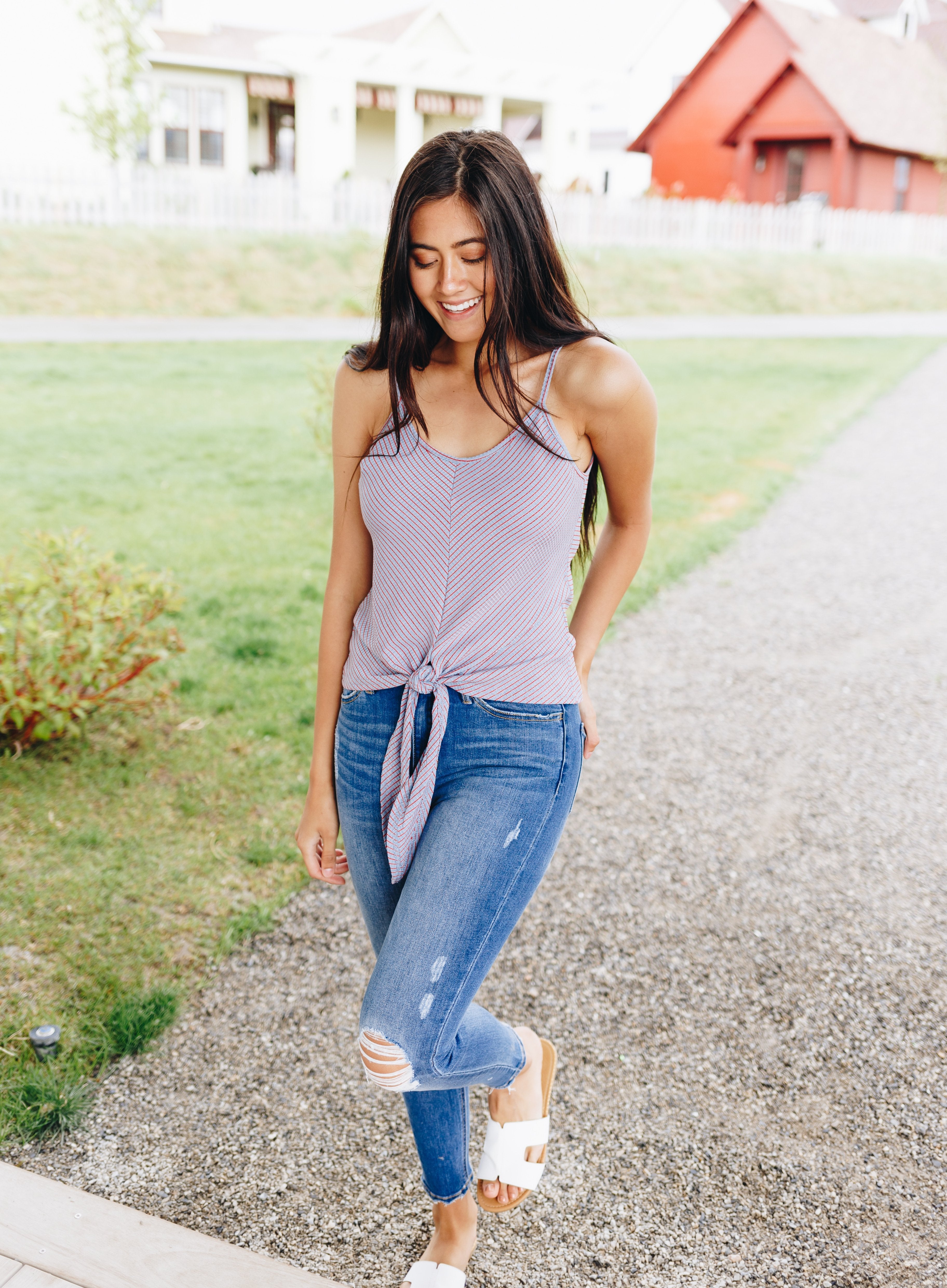 Chevron Stripes Tie Front Tank In Pale Blue