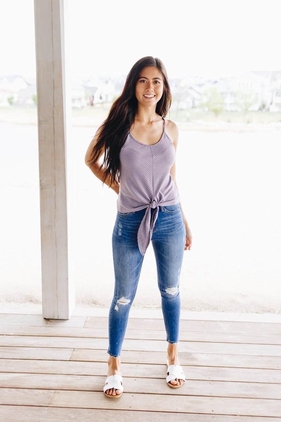 Chevron Stripes Tie Front Tank In Pale Blue