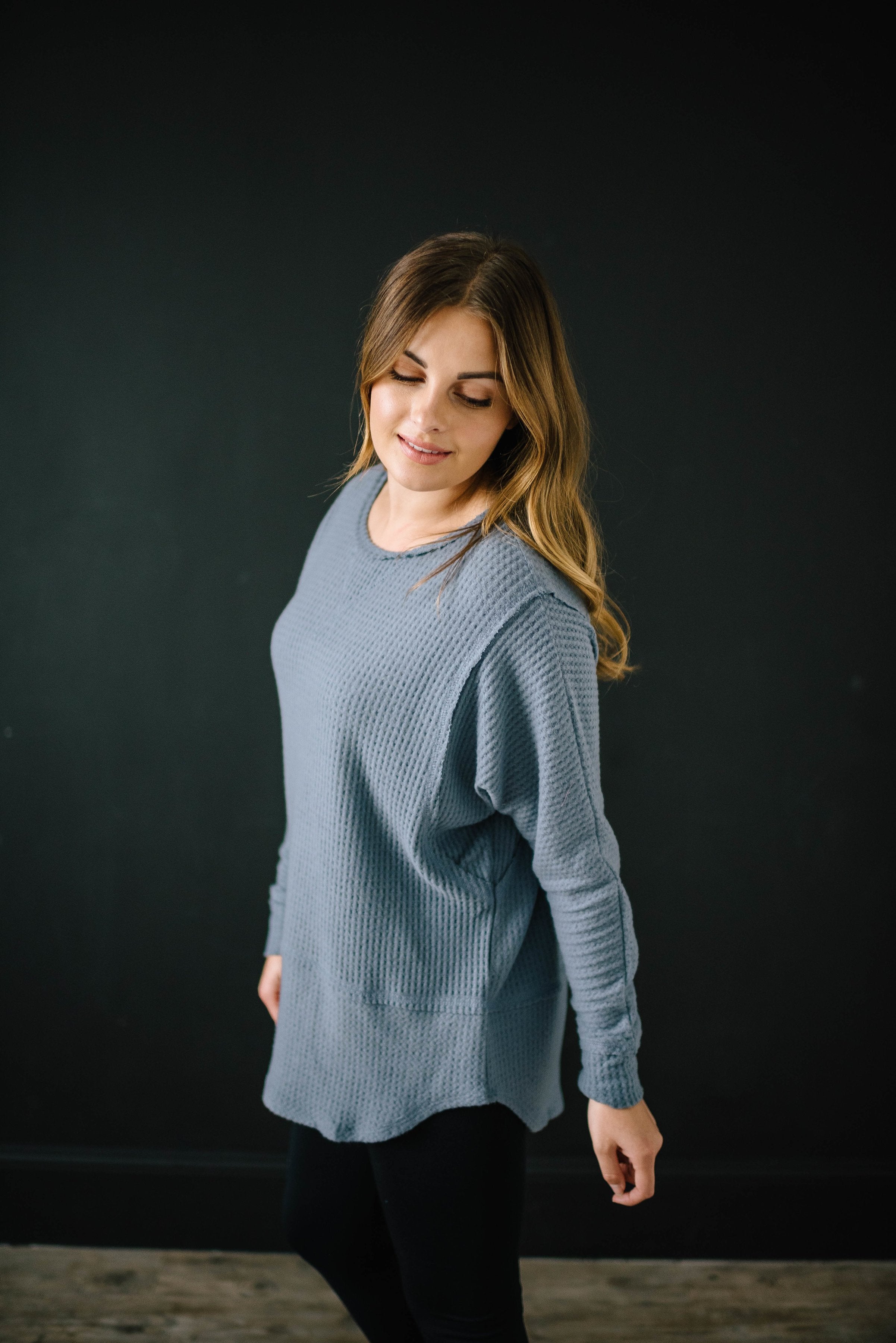 Coffee + Waffle Knit Top in Slate Blue