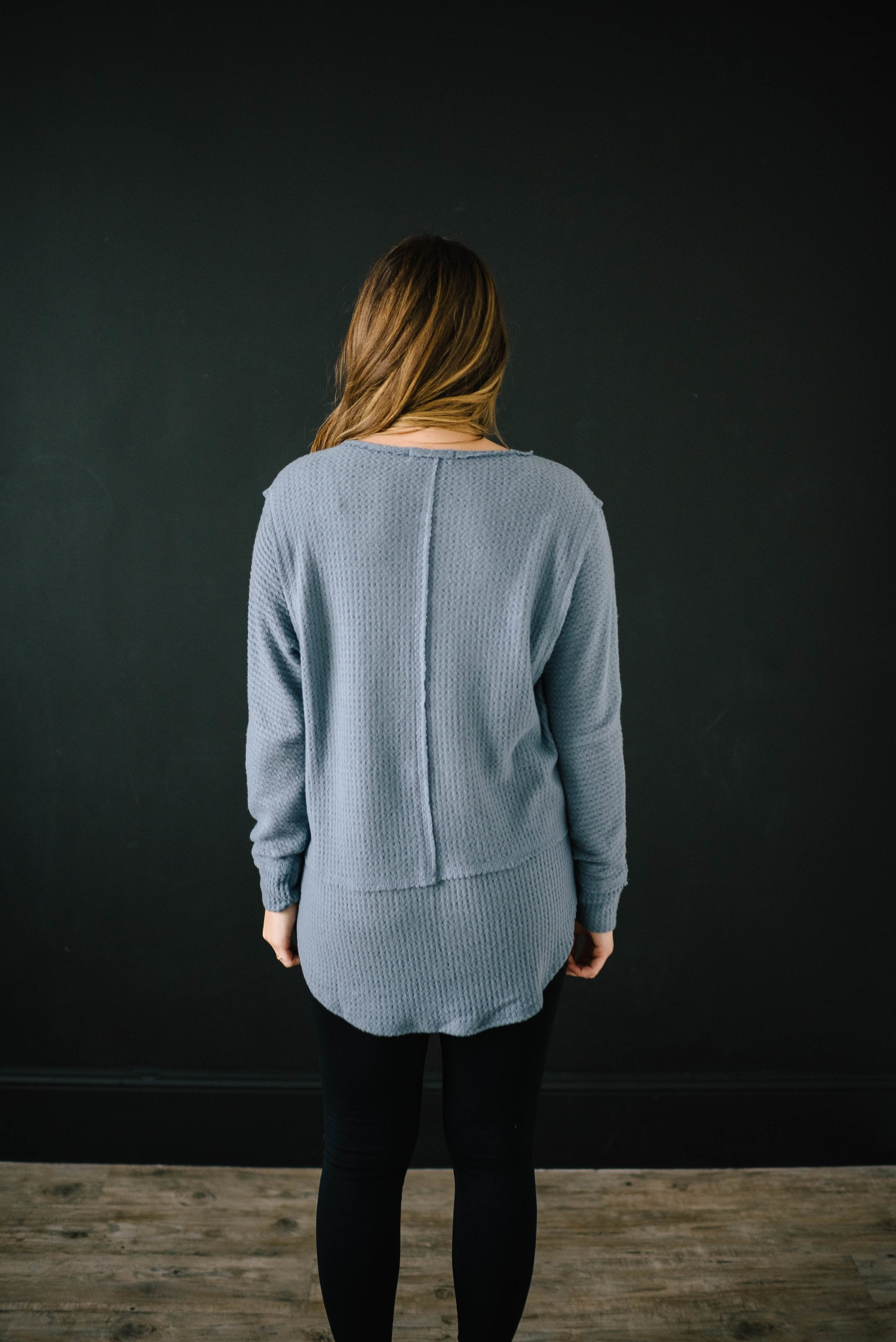 Coffee + Waffle Knit Top in Slate Blue