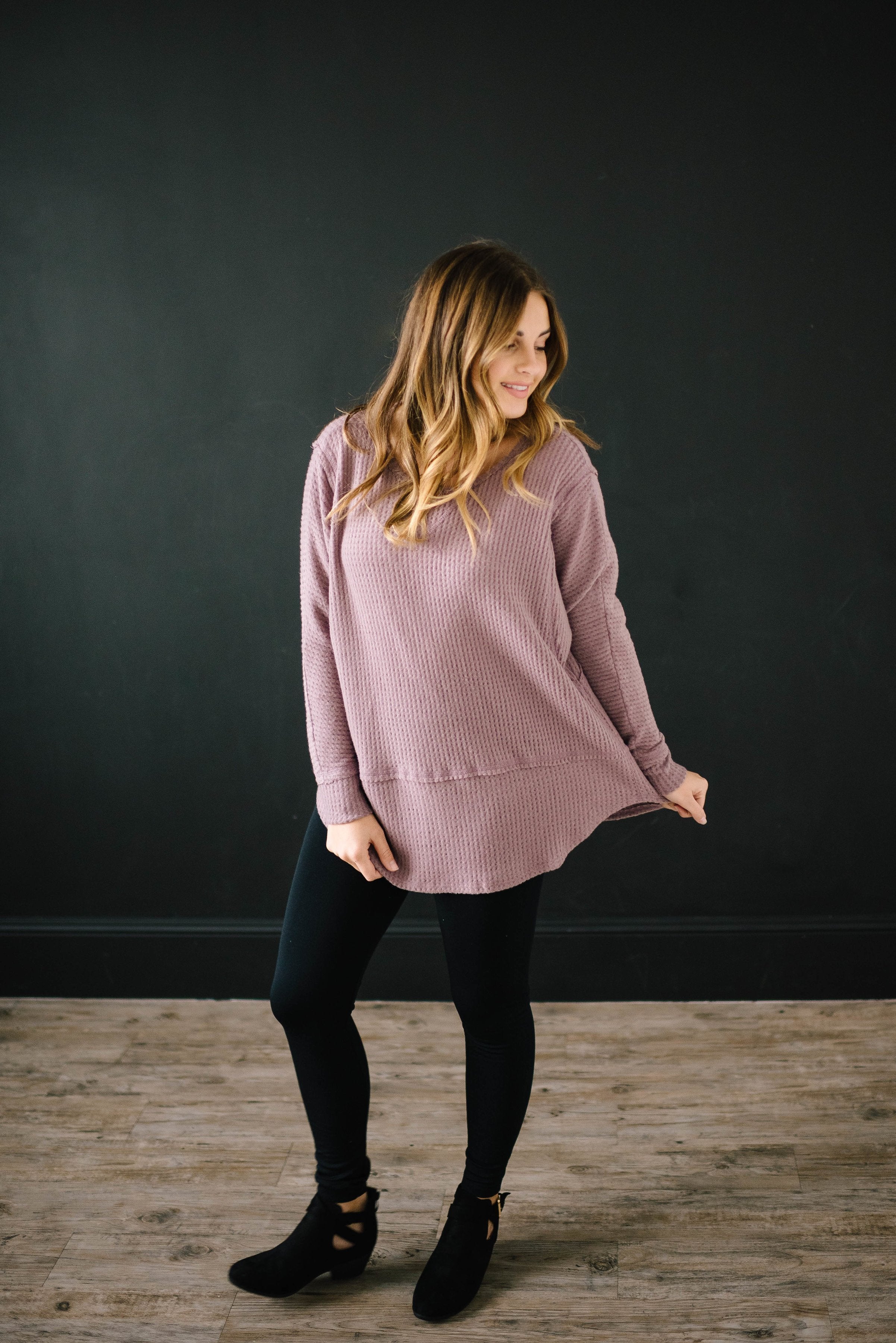 Coffee + Waffle Knit Top in Mauve