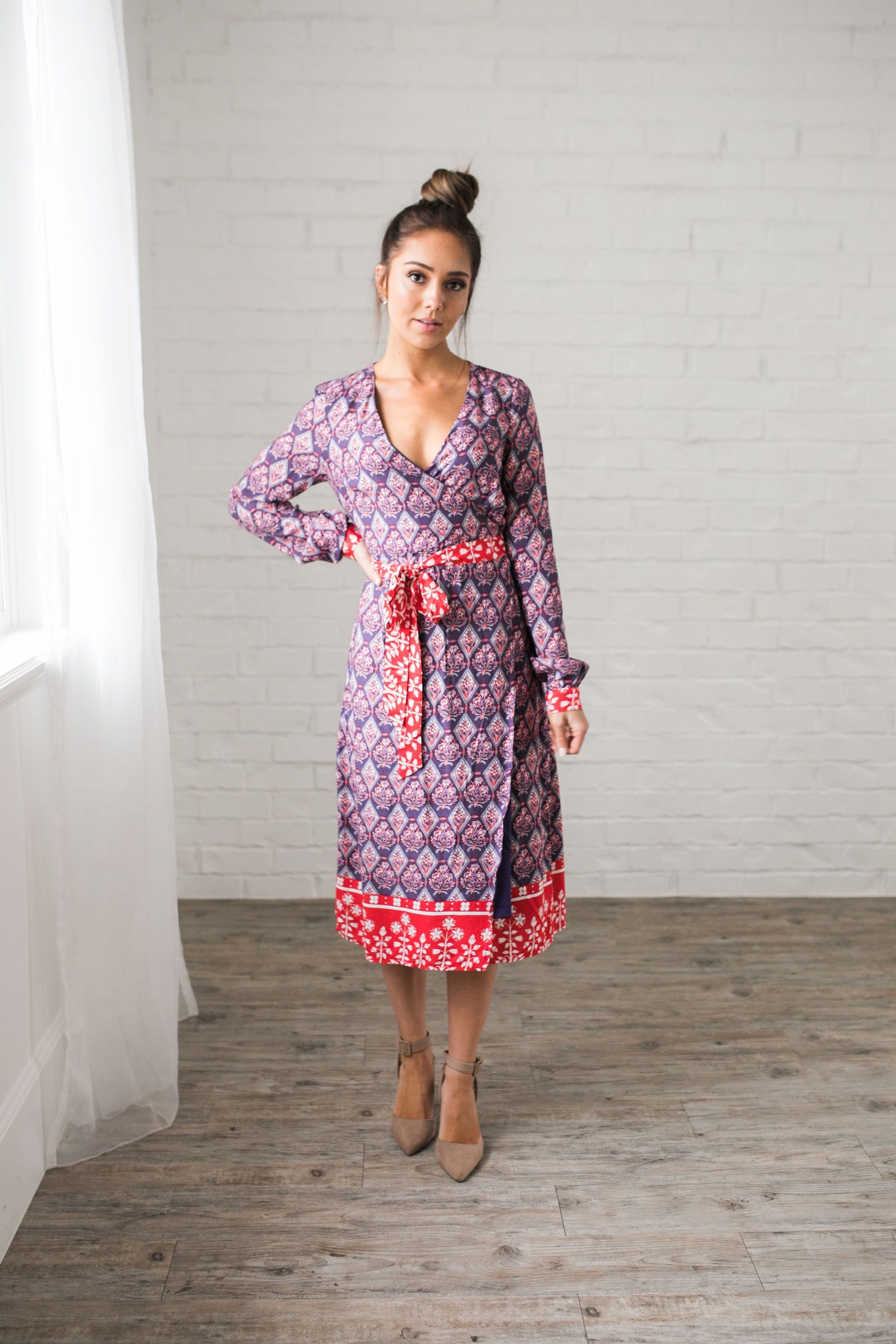 Contrast Print Wrap Dress - ALL SALES FINAL