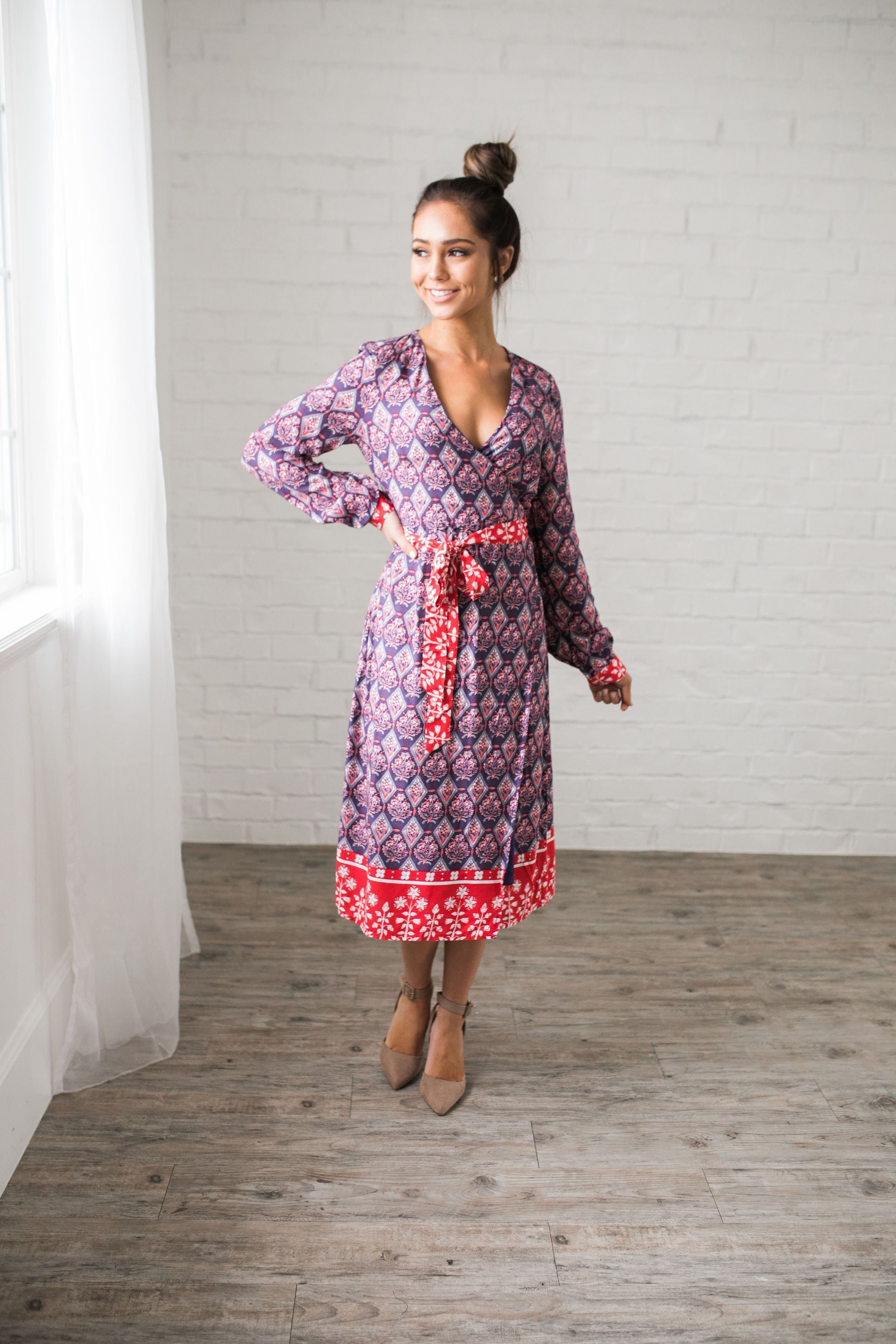 Contrast Print Wrap Dress - ALL SALES FINAL