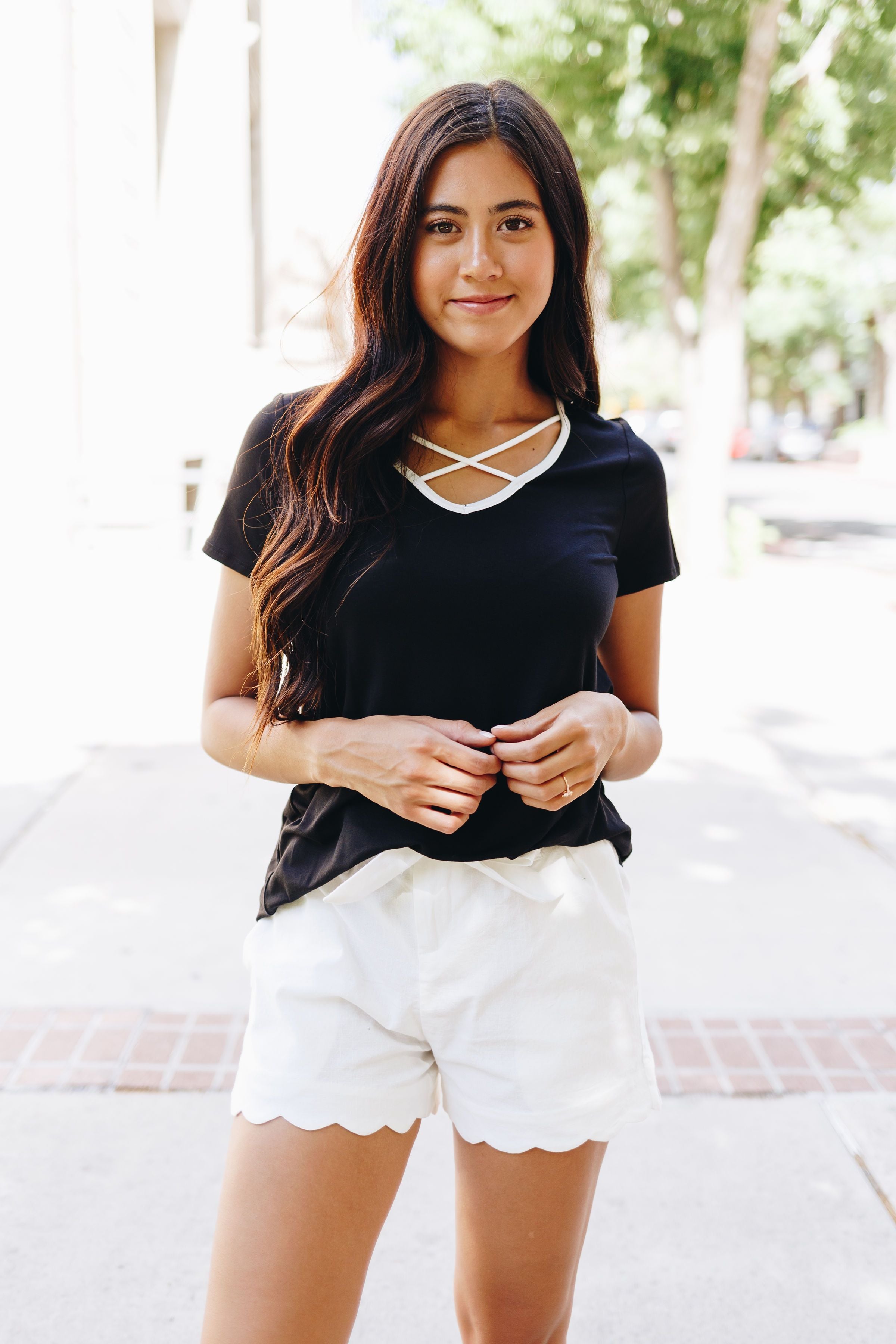 Contrasting Criss Cross Tee In Black + White